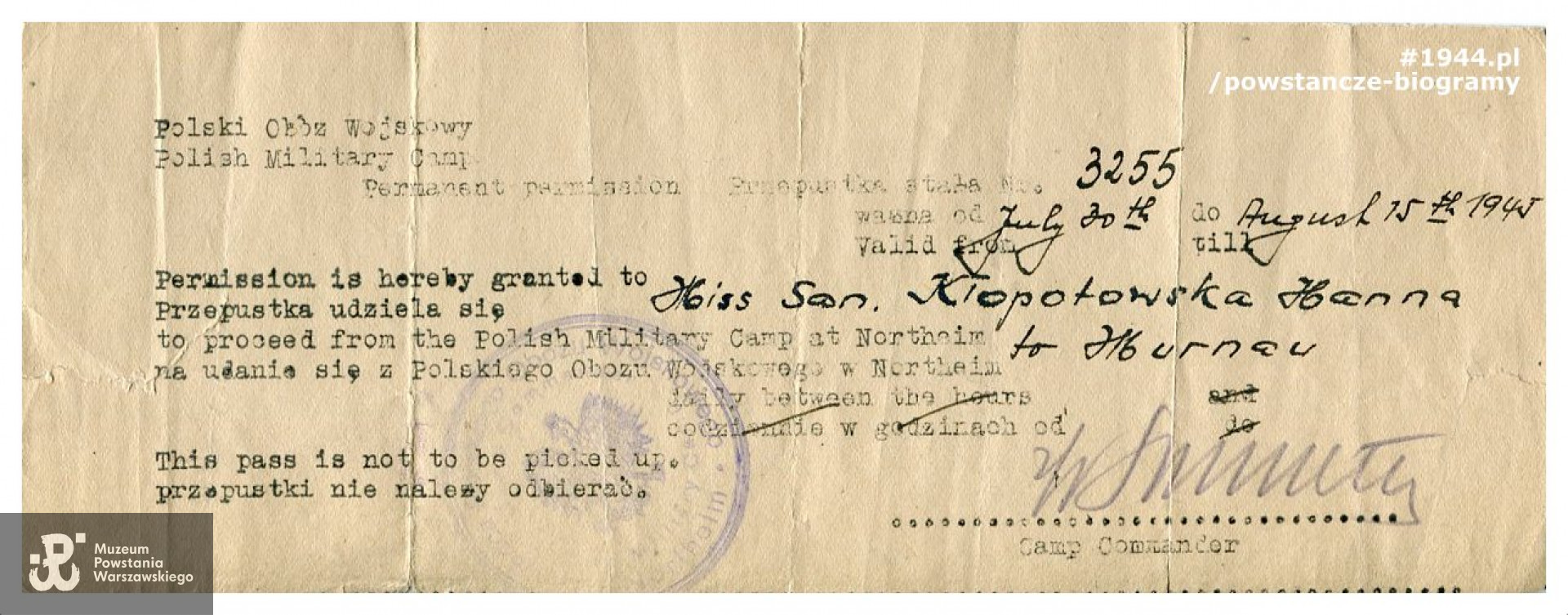 Przepustka stała, dokument wystawiony w  Polskim Obozie  Wojskowym w Northeim w Dolnej Saksonii. Ze zbiorów Muzeum Powstania Warszawskiego.