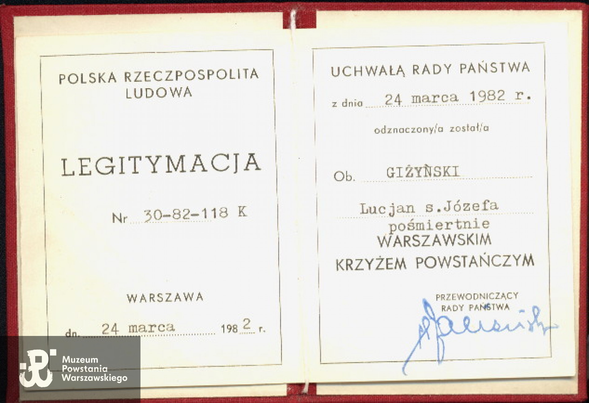 Legitymacja Warszawskiego Krzyża Powstańczego - 24.03.1982