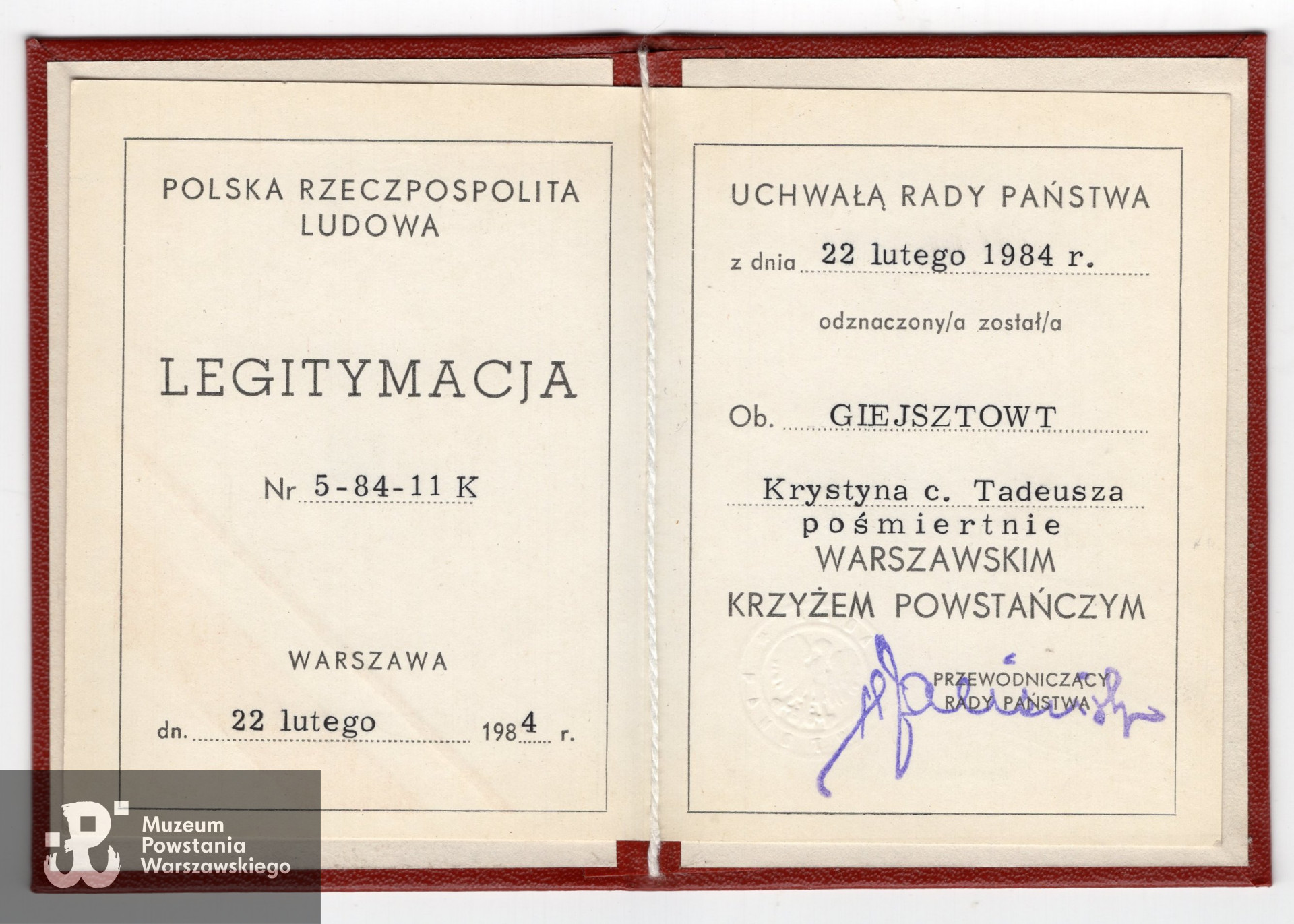 Legitymacja odznaczeniowa - Warszawski  Krzyż Powstańczy. 