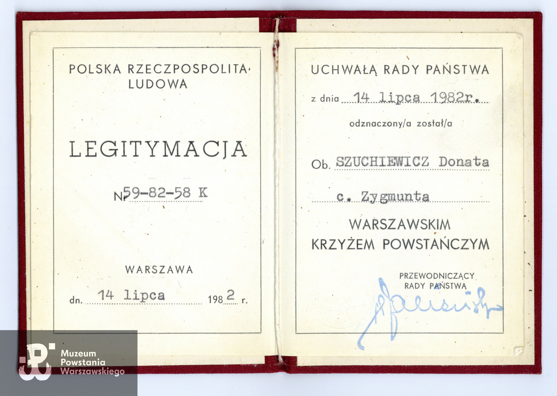 Legitymacja odznaczeniowa - Warszawski Krzyż Powstańczy, 14.07.1982 r. Ze zbiorów Muzeum Powstania Warszawskiego, sygn. P/9735/23