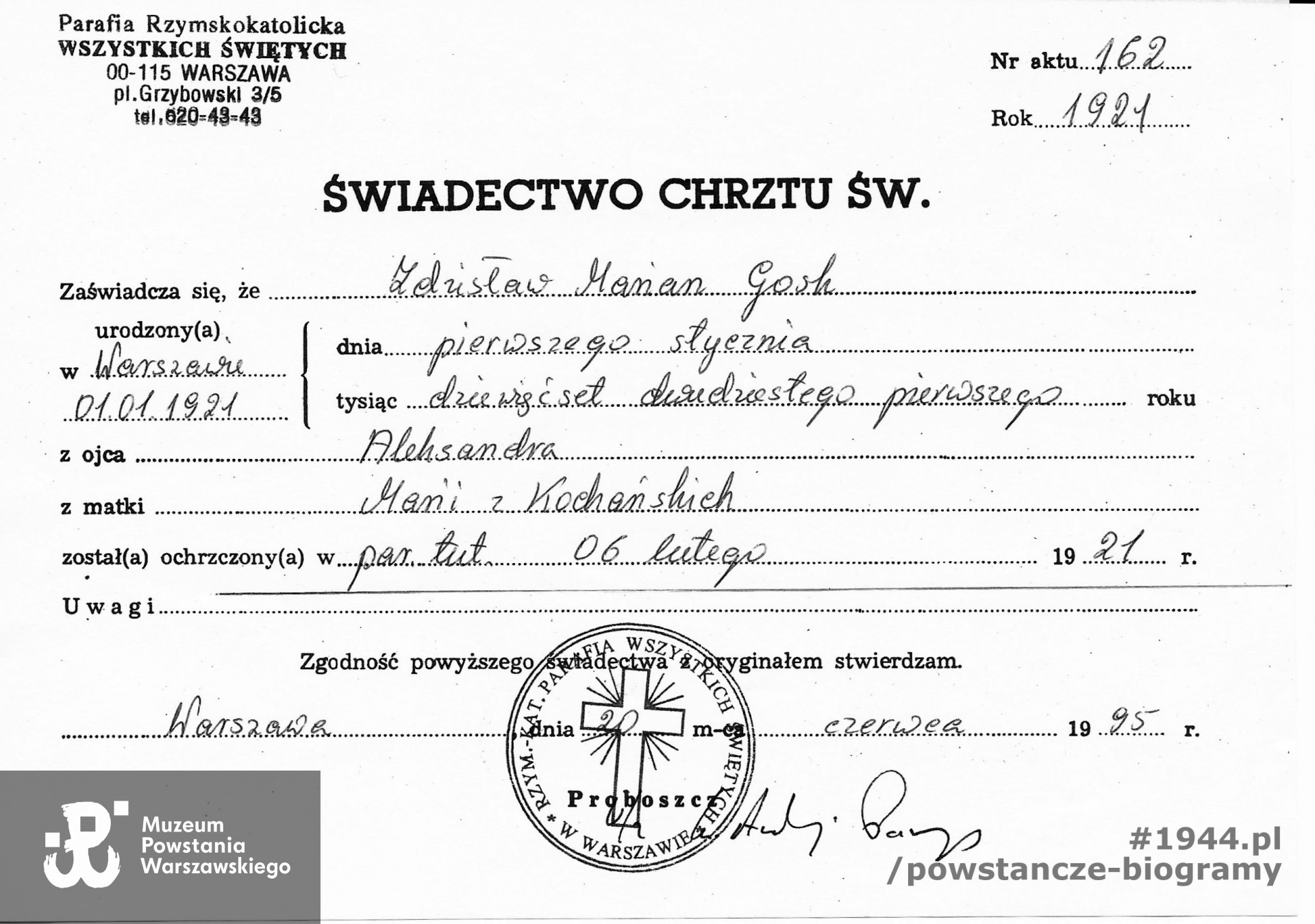 Świadectwo Chrztu Św. w parafii Wszystkich Świętych w Warszawie - dokument powojenny, 1995 r. Z archiwum rodzinnego, udostępnił p. Piotr Gosk