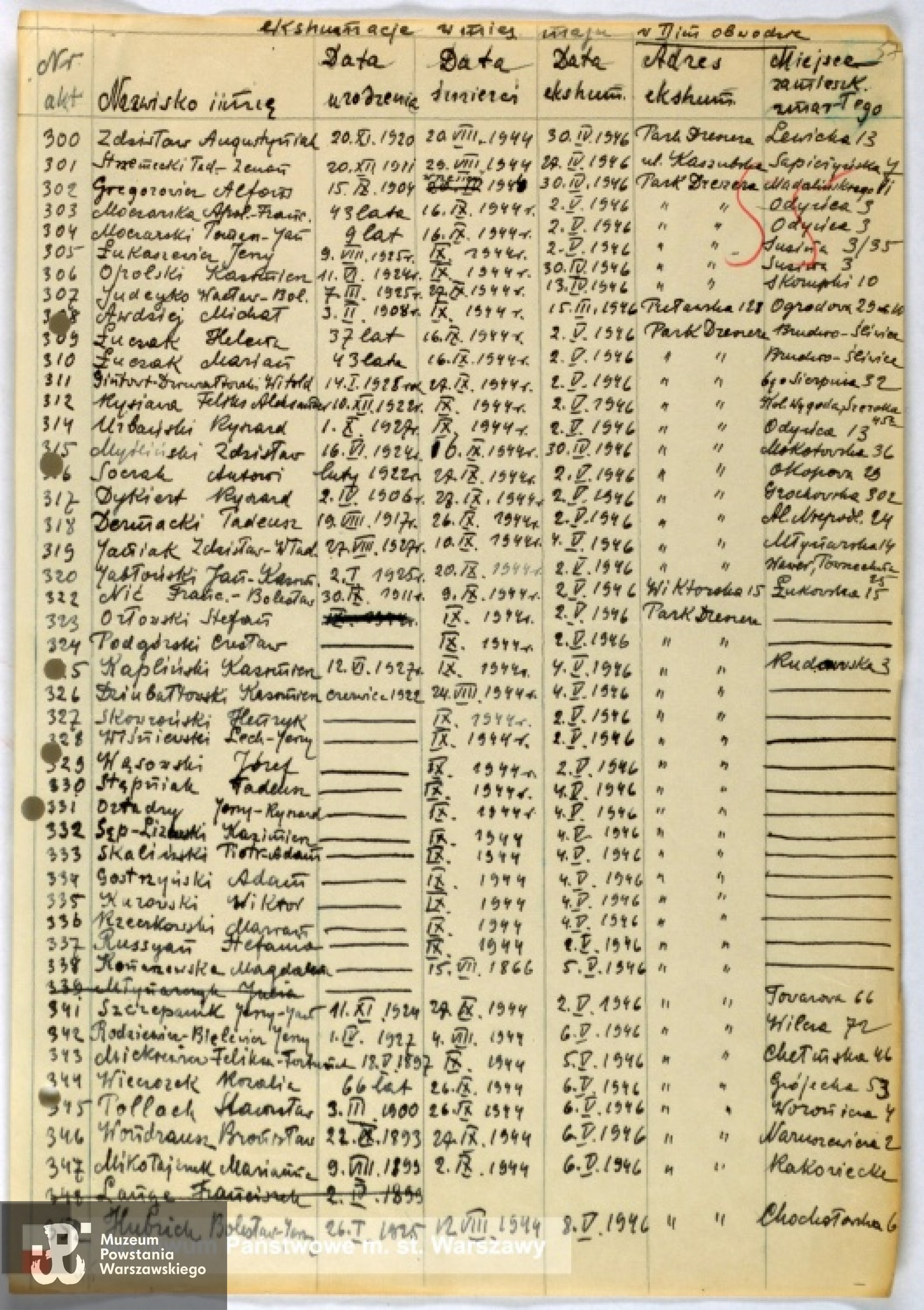 Lista ekshumacyjna ze zbiorów Archiwum Państwowego