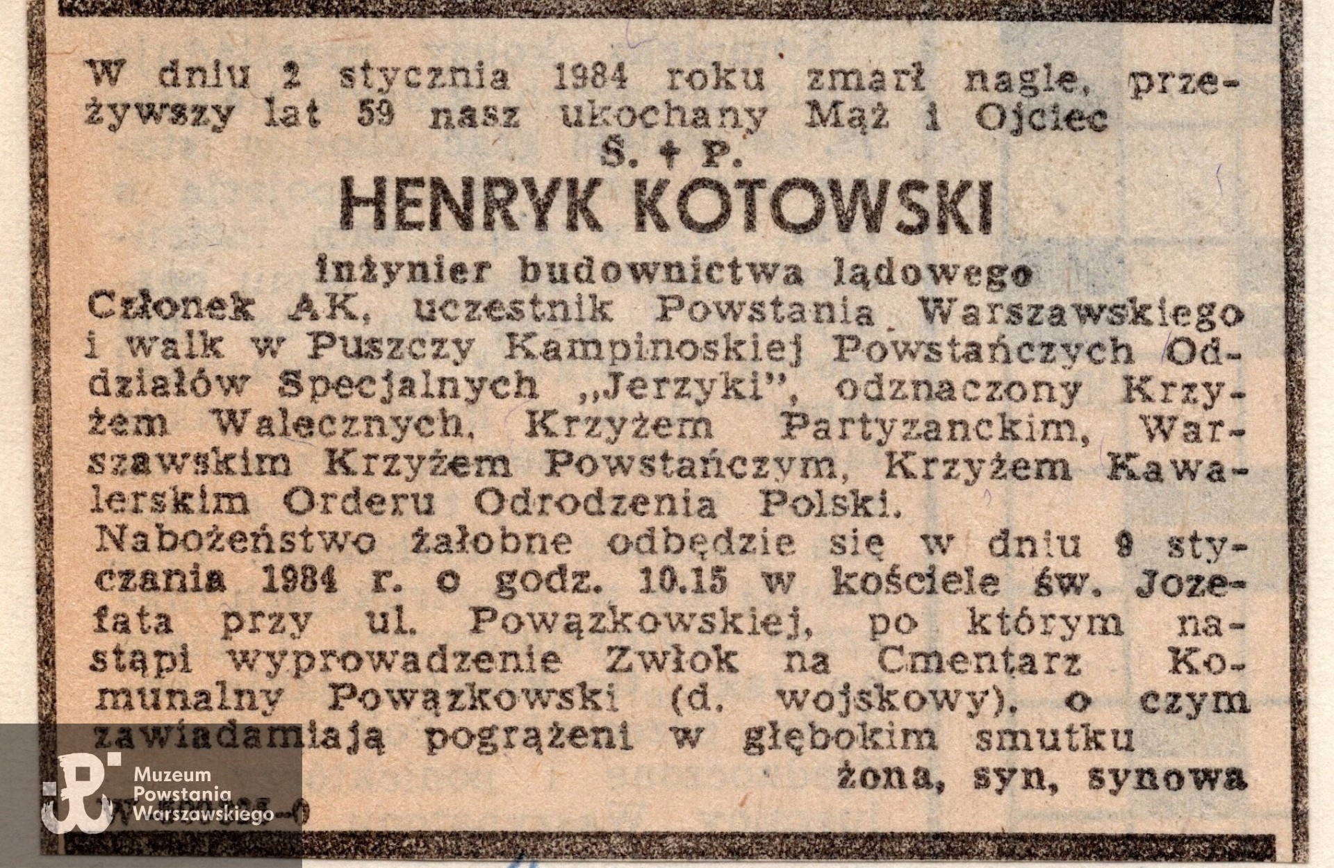 Nekrolog prasowy, Życie Warszawy, 1984 r. 
