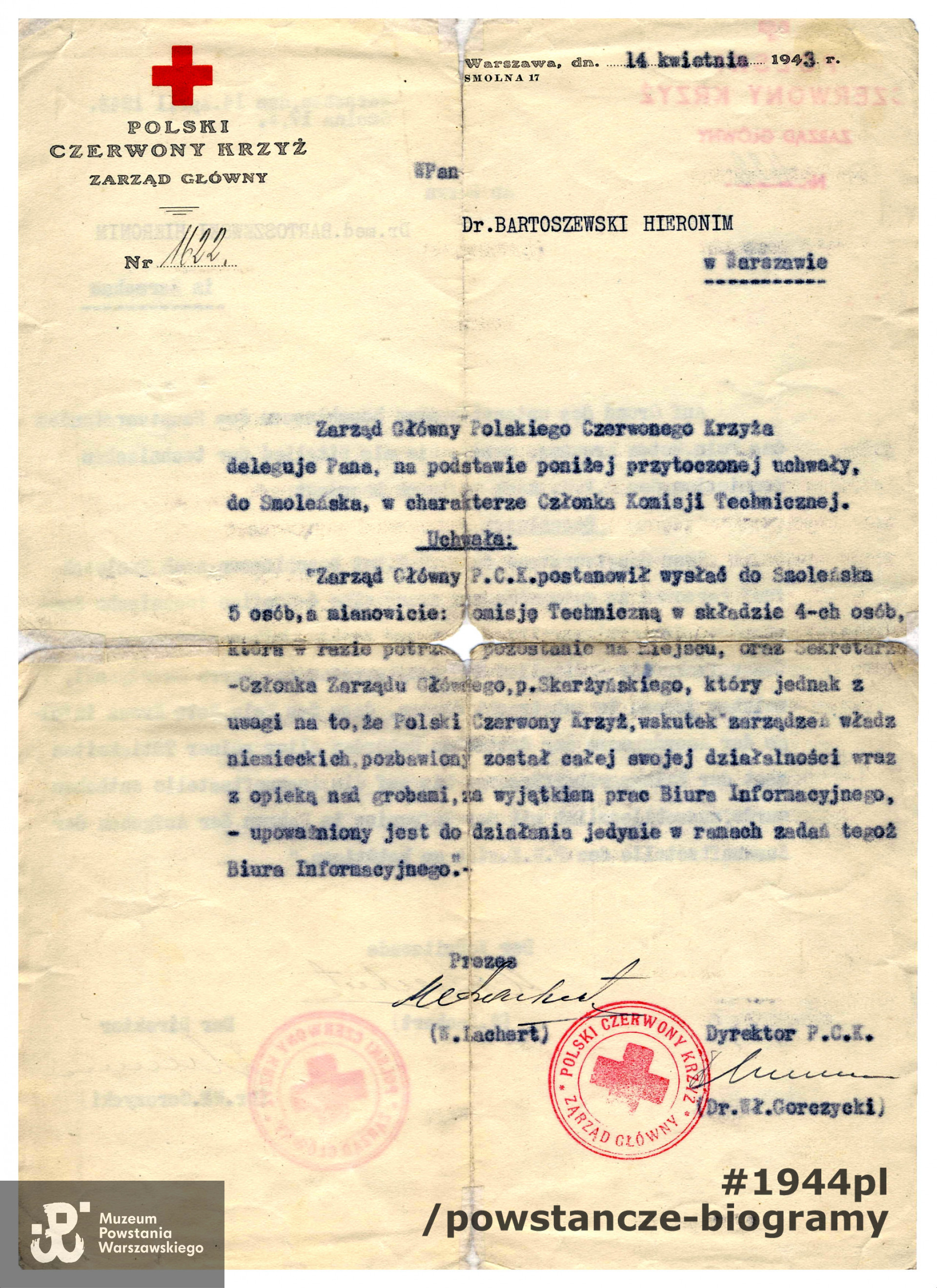 Dokumenty i zaświadczenia - uchwała PCK z 1943 roku delegująca dr. Hieronima Bartoszewskiego do Katynia jako członka Komisji Komisji Technicznej. Dokument ze zbiorów rodzinnych