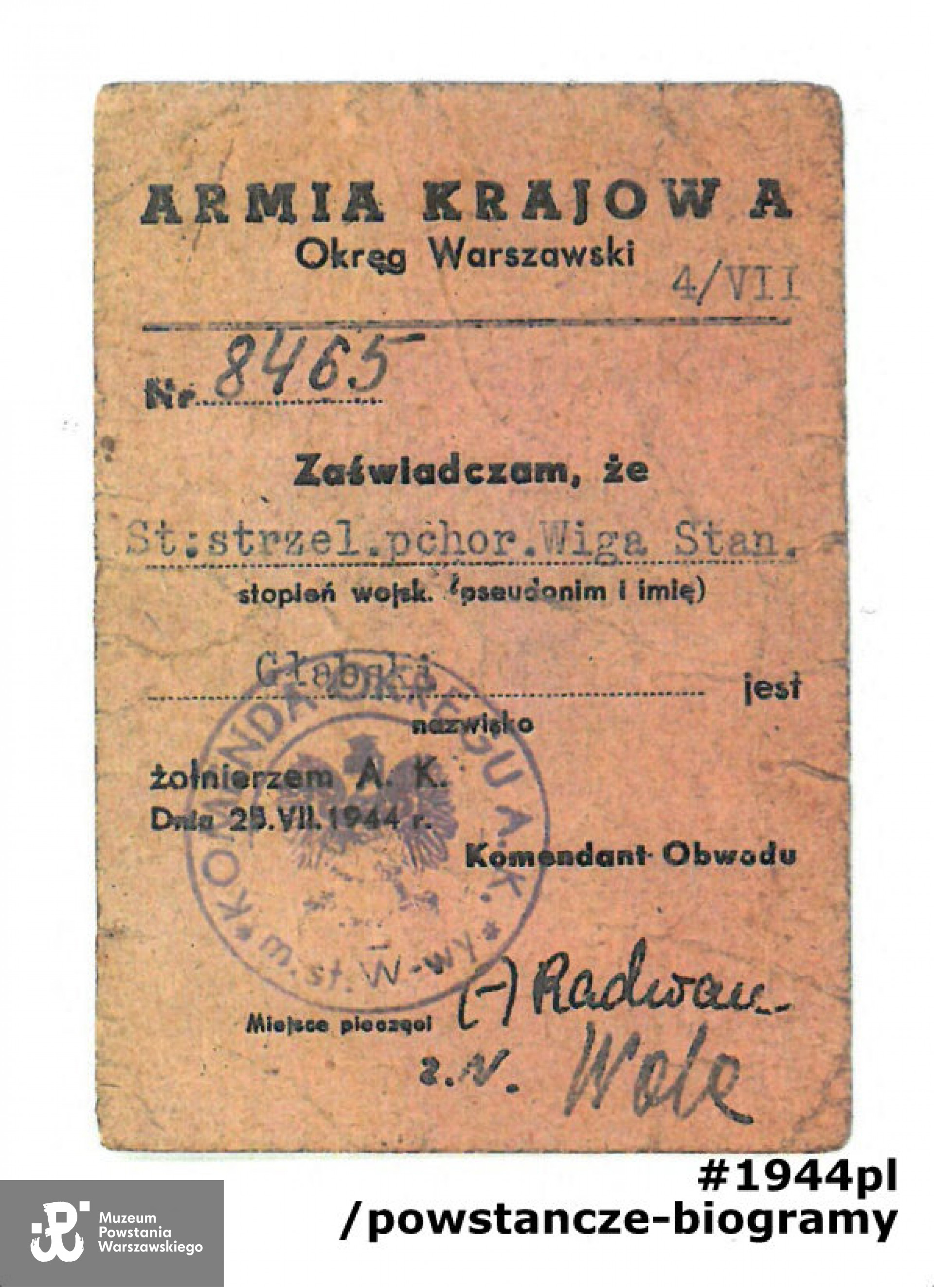 Należąca do Stanisława Głąbskiego "Wigi" legitymacja Armii Krajowej. Z  archiwum rodzinnego p. Piotra Głąbskiego, syna