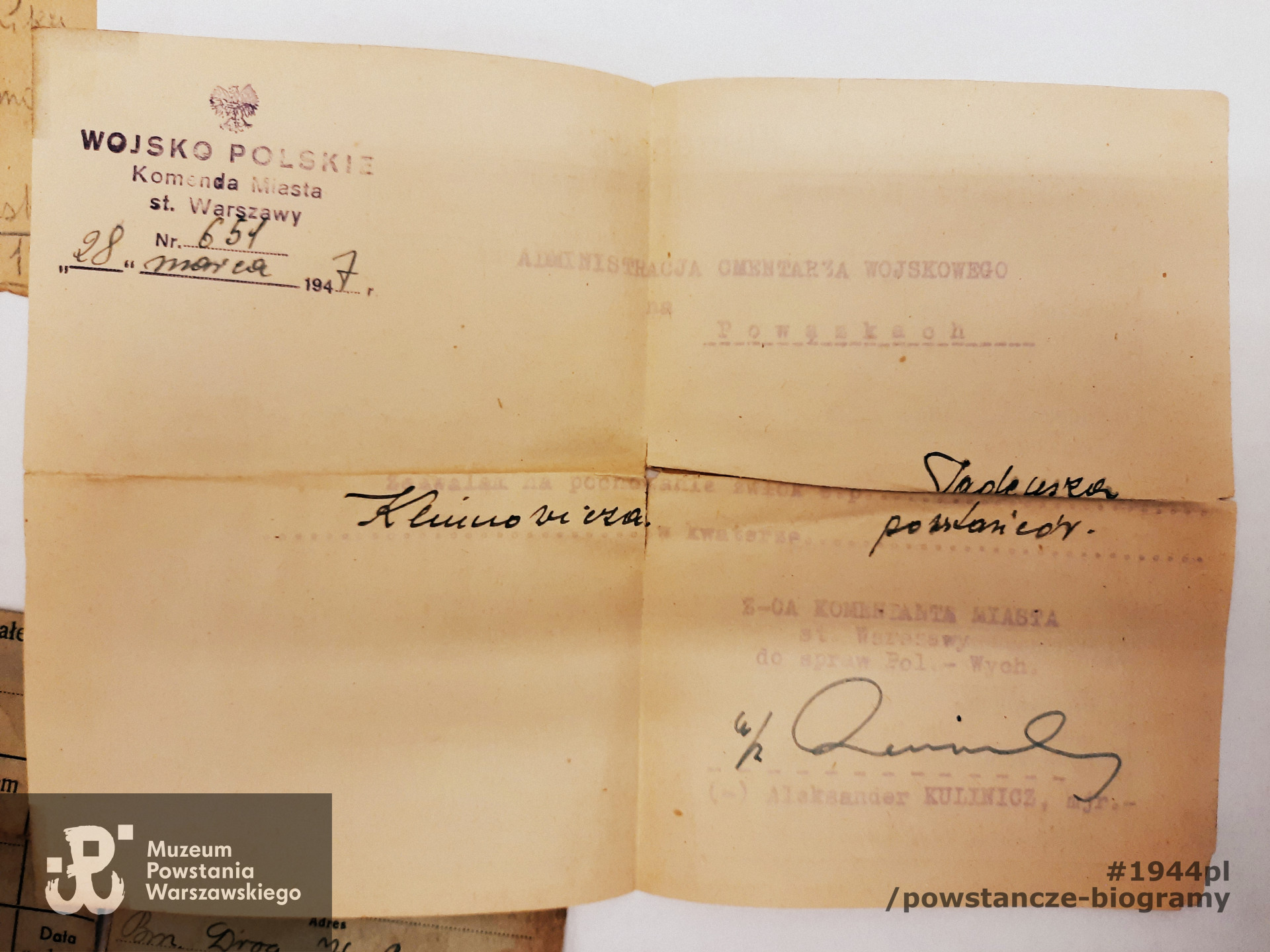 Zezwolenie na pochowanie zwłok Tadeusza Klimowicza na Powązkach Wojskowych, dokument datowany na  28.03.1947 roku, jednak  według przekazu rodzinnego mogiła T. Klimowicza  na Powązkach Wojskowych jest mogiłą symboliczną, gdyż ciała nie udało się odnaleźć. Ze zbiorów Muzeum Powstania Warszawskiego, sygn. P/9581/21