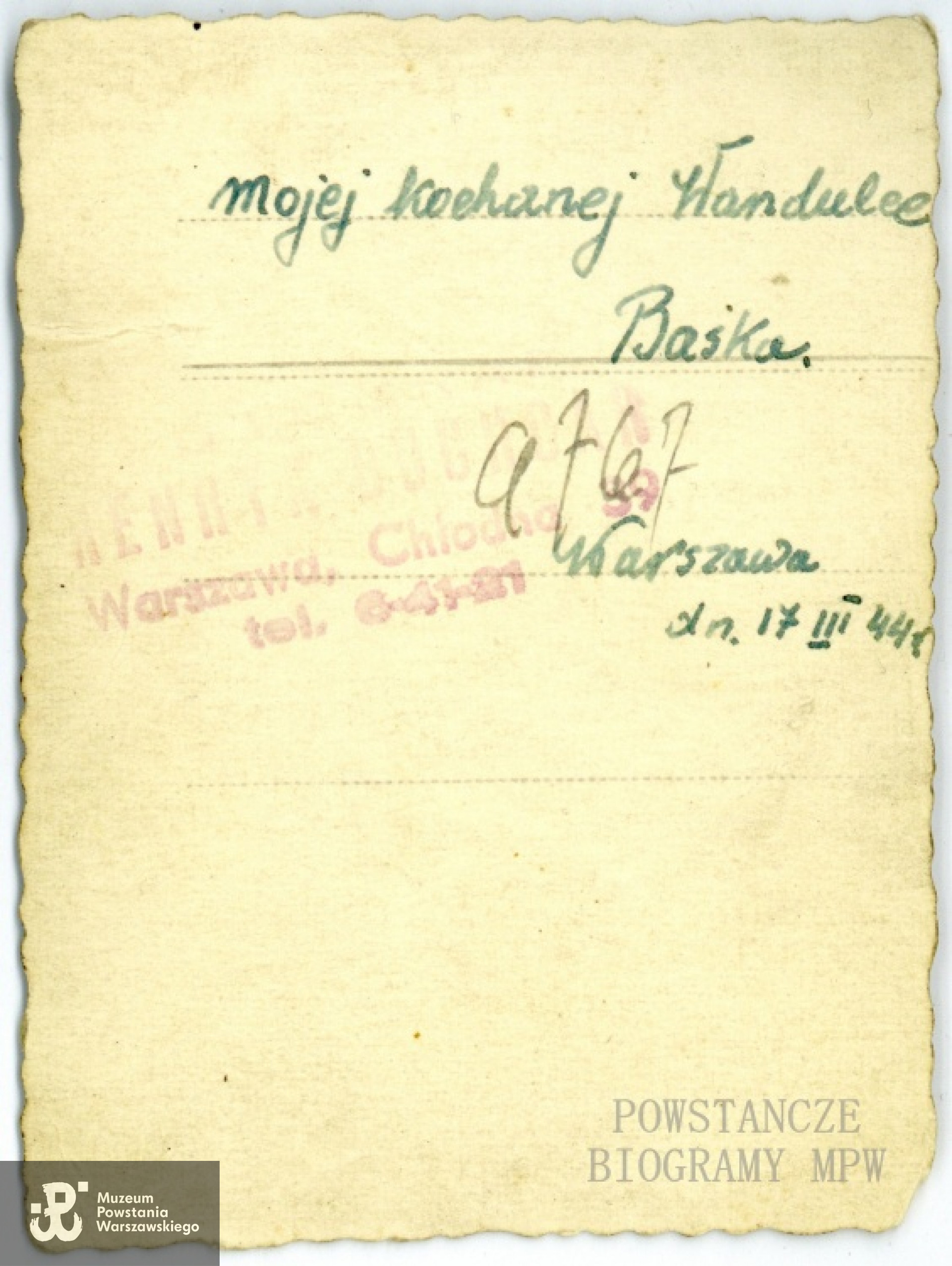 Dedykacja napisana ręką Basi w marcu 1944 roku. Z archiwum prywatnego p.  Wiesławy Krasińskiej