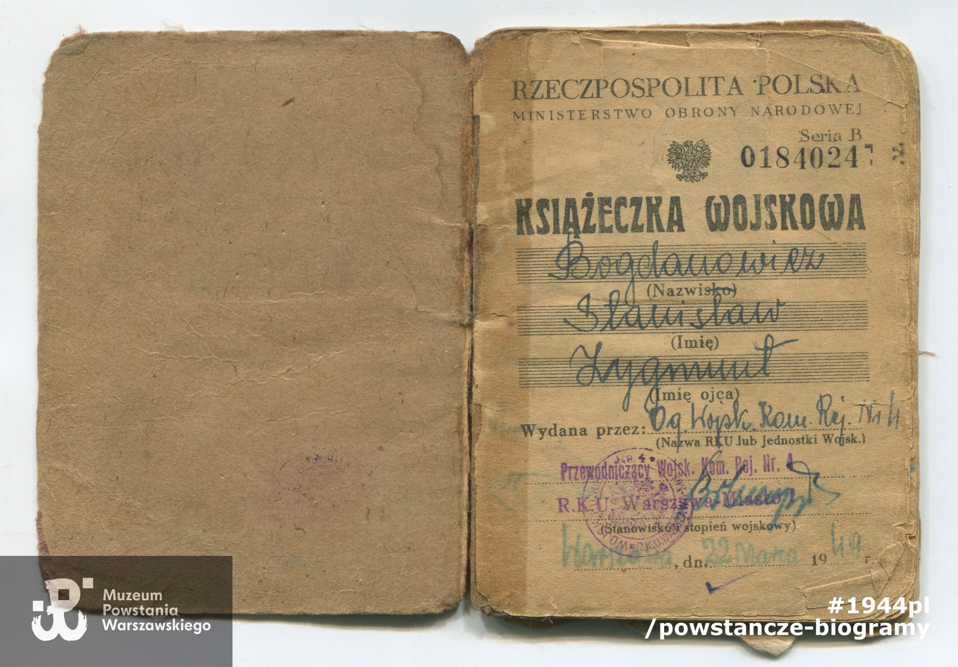 Książeczka wojskowa, okładka i strona I. Ze zbiorów rodzinnych p. Stanisława Bogdanowicza ps. "Bogdan"