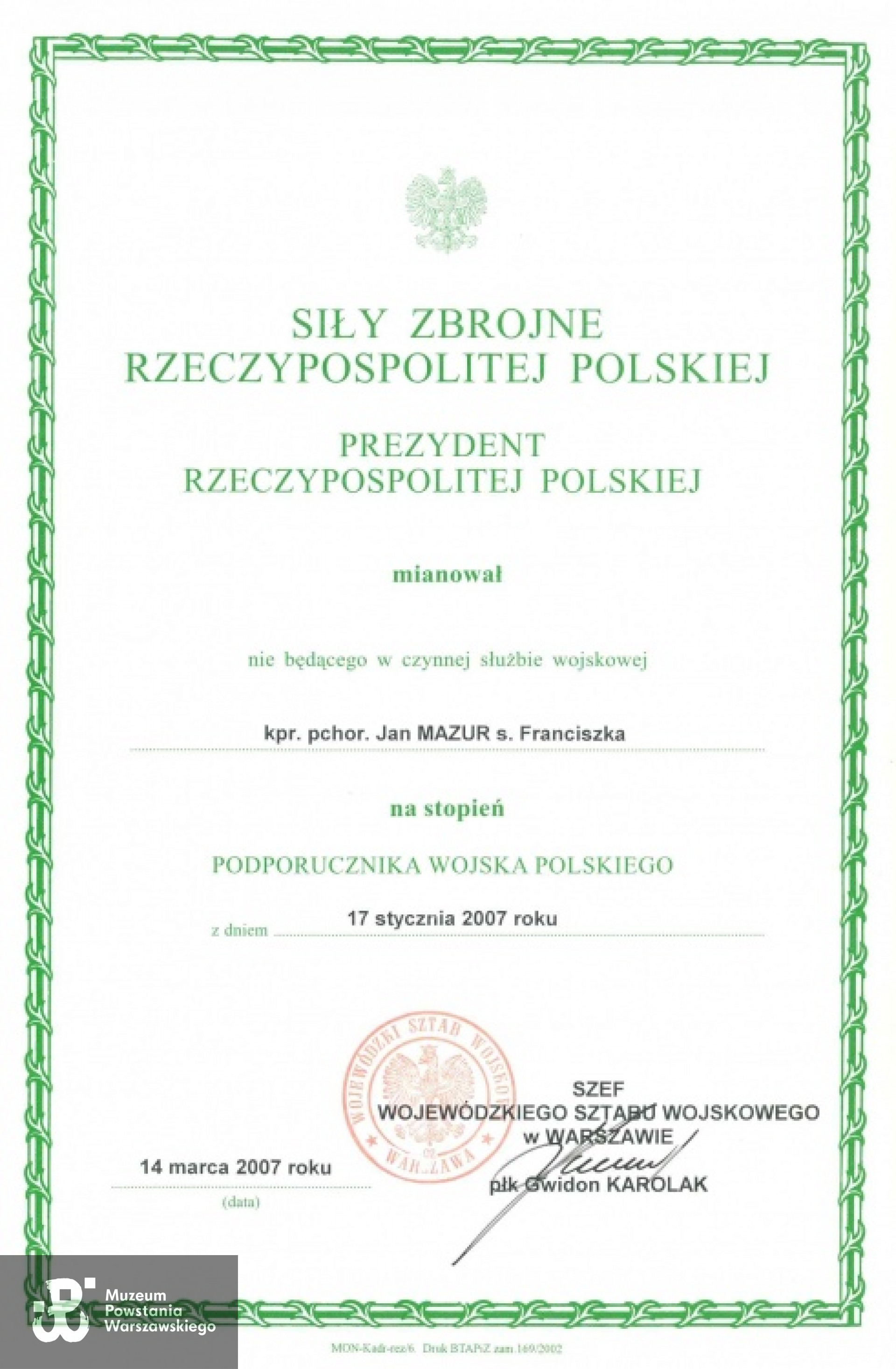 Mianowanie (pośmiertne) na stopień podporucznika WP. Dokument udostępniony przez p. Piotra Chróściela