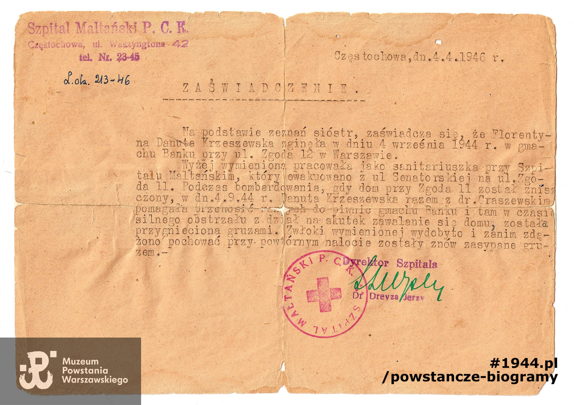  Zaświadczenie o przebiegu służby Florentyny Danuty Krzeszewskiej. Dokument podpisany przez doktora Jerzego Dreyzę. Zbiory prywatne.