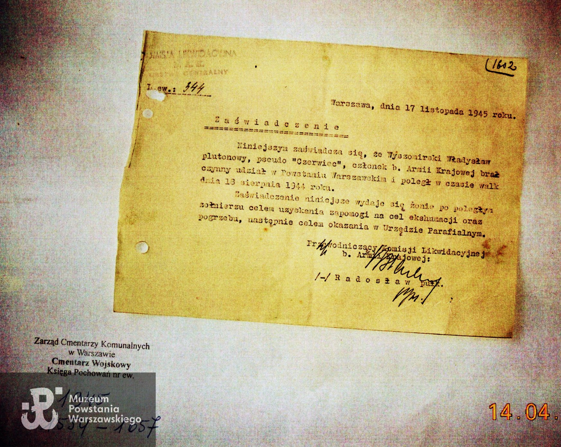 Zarząd Cmentarzy Komunalnych w Warszawie - Cmentarz Wojskowy, Księga Pochowań nr ew. 1945/1554-1657