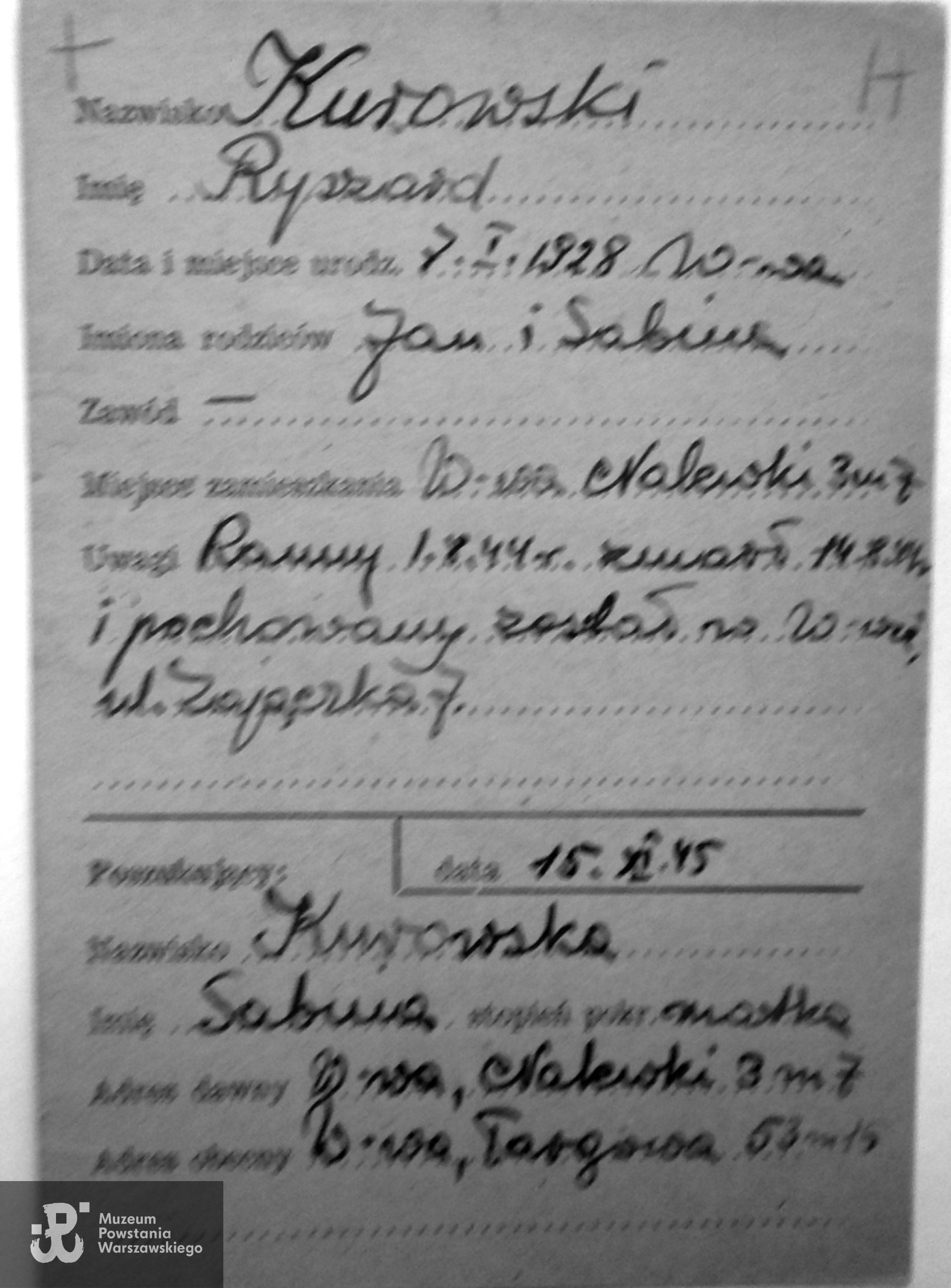 Polski Czerwony Krzyż - kartoteka. Zgłoszenie matki, Sabiny Kurowskiej z 15 listopada 1945 r. 