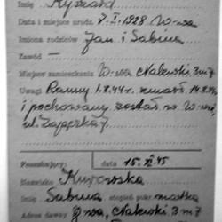 Polski Czerwony Krzyż - kartoteka. Zgłoszenie matki, Sabiny Kurowskiej z 15 listopada 1945 r. 