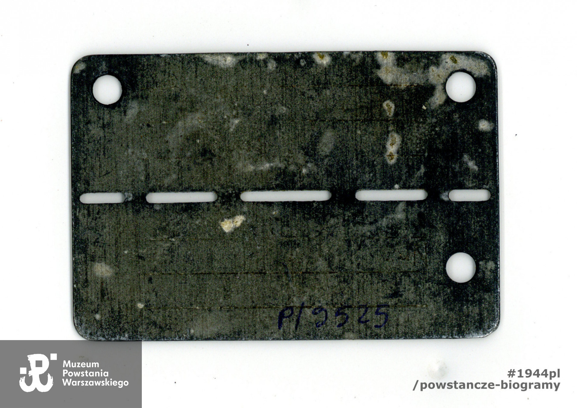Nieśmiertelnik obozowy (blaszka jeniecka)   por. Edwarda Ładkowskiego "Kulawego"  z widocznym numerem jenieckim 225.401. Ze zbiorów Muzeum Powstania Warszawskiego, P/9525/21