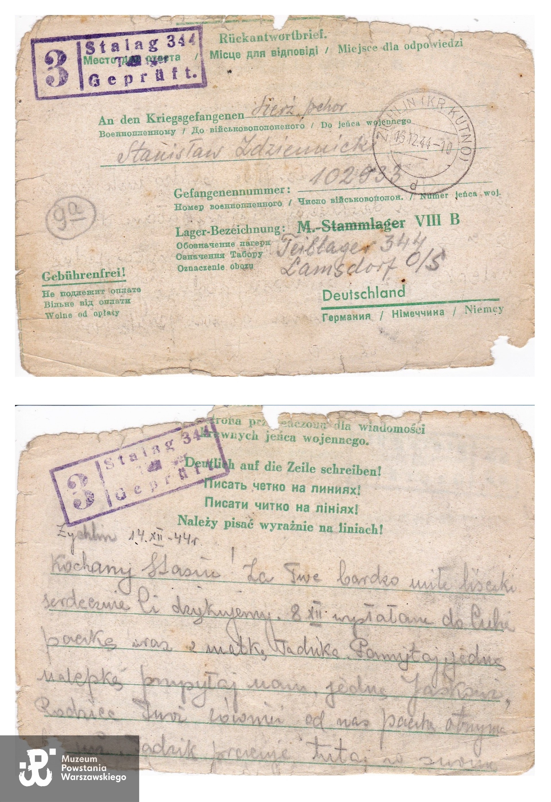 List skierowany do Stanisława Zdziennickiego, jeńca nr 102933 osadzonego w Stalagu 344  Lamsdorf,  z dnia 14 grudnia 1944 r. Skan udostępnił  p. Paweł Zdziennicki.