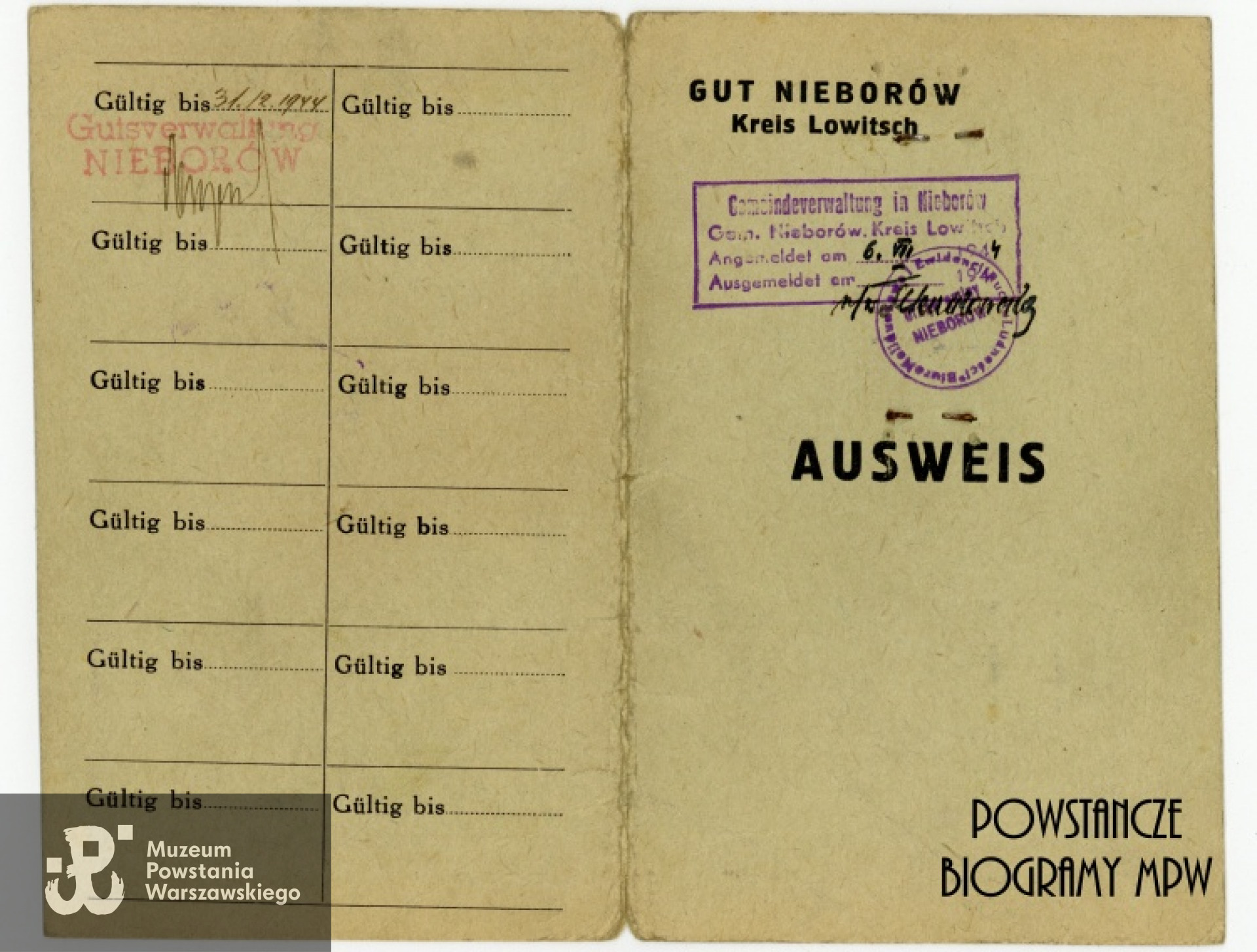 Ausweis - Nieborów (rewers). Ze zbiorów Muzeum Powstania Warszawskiego, sygn. P/7657