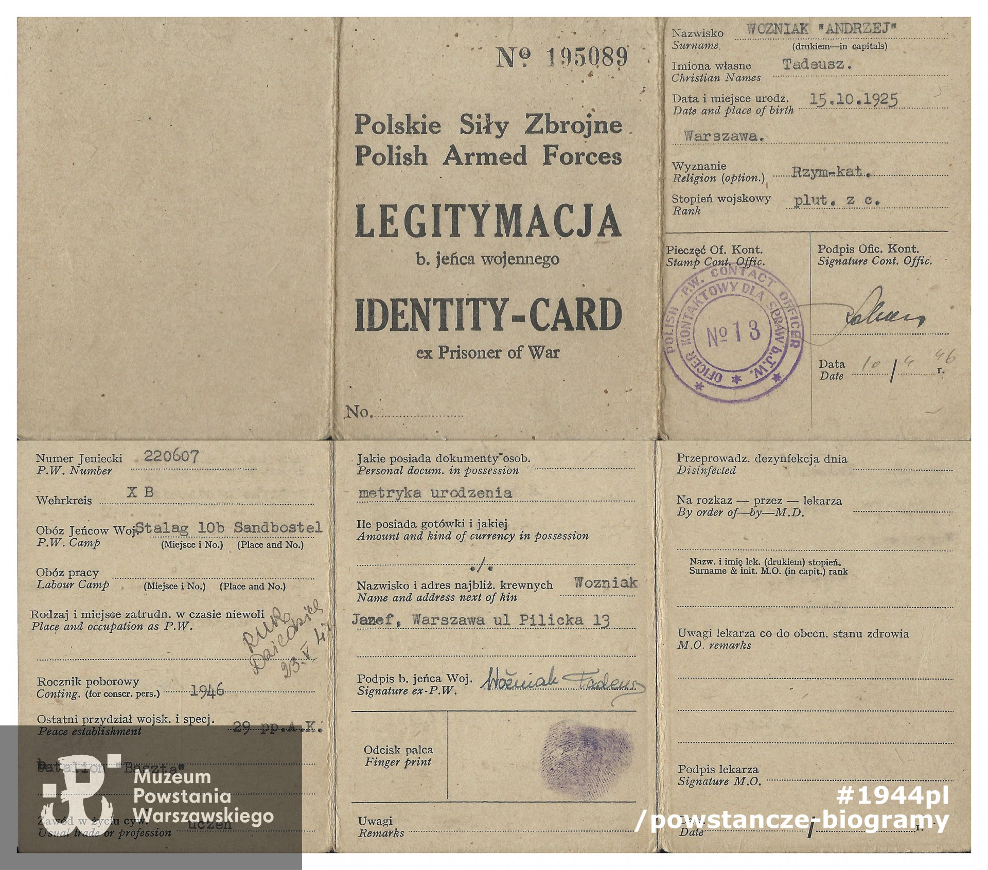 Legitymacja Byłego Jeńca Wojennego. Ze zbiorów rodzinnych. Udostępnił p. Adam Woźniak, syn Powstańca