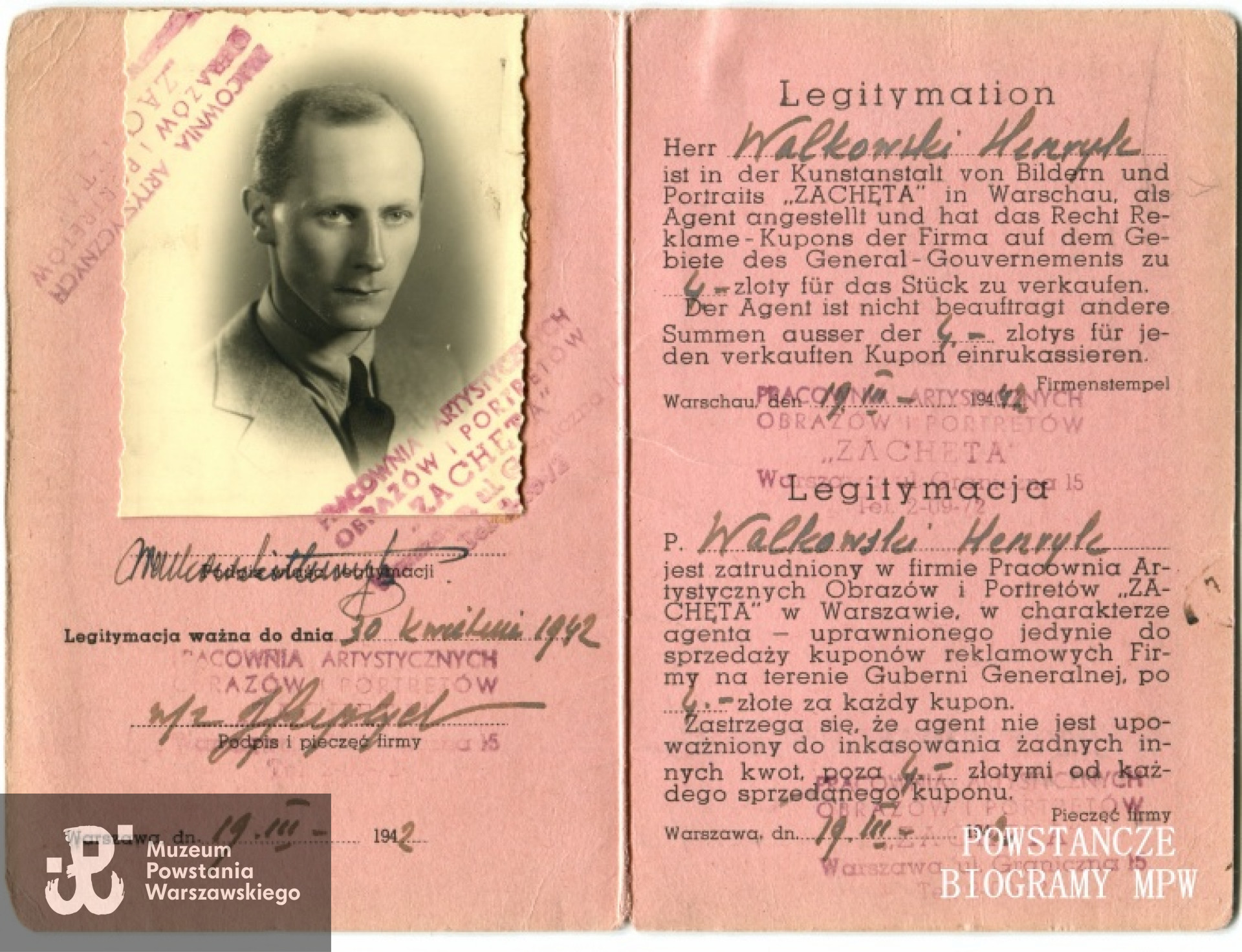 Legitymacja pracownicza wystawiona na nazwisko Hneryka Walkowskiego uprawniająca do  sprzedaży w Generalnym Gubernatorstwie kuponów reklamowych firmy "Zachęta" - 1942 r. Fot. archiwum rodzinne