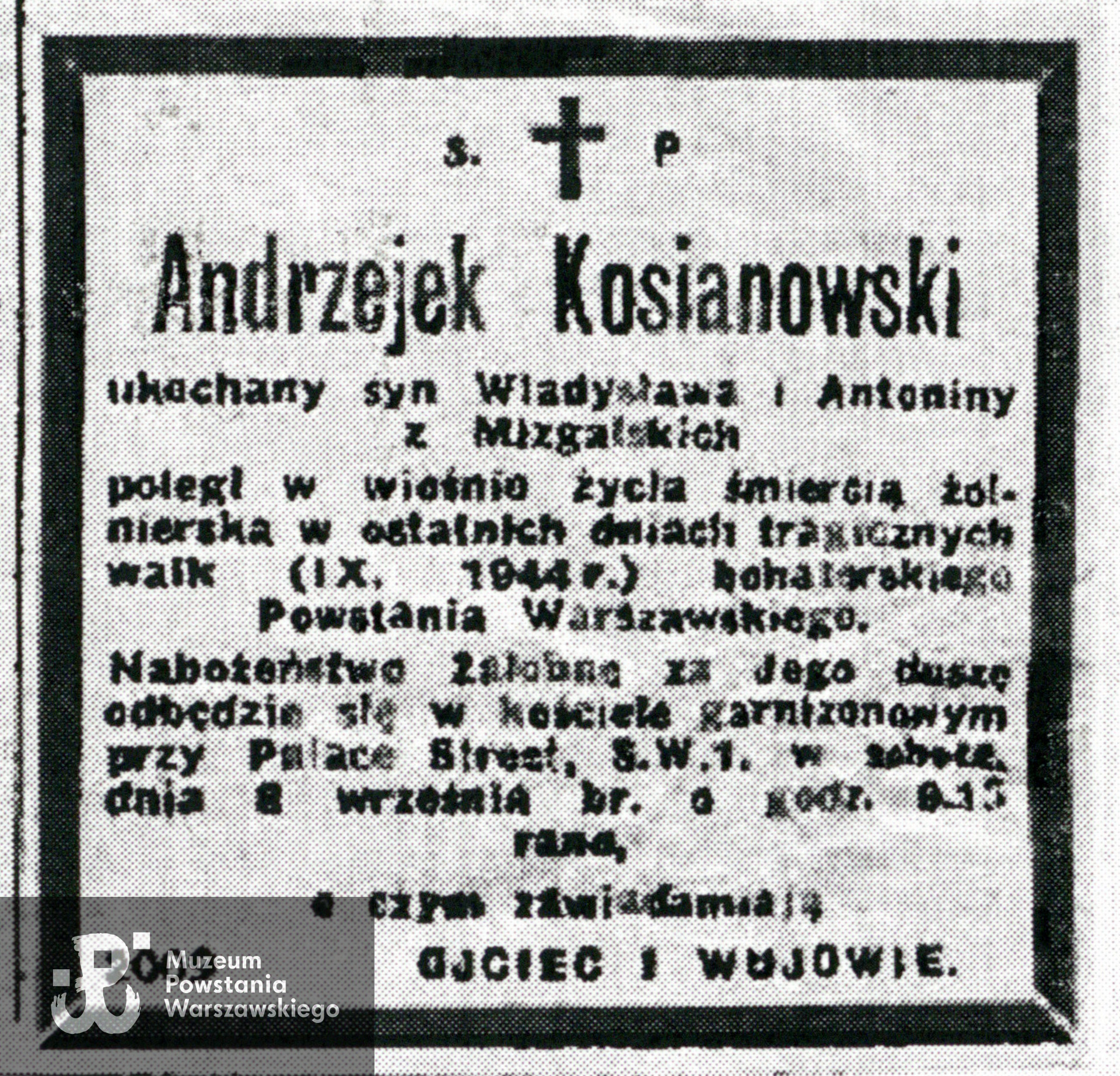Zawiadomienie o nabożeństwie rocznicowym za poległego Andrzeja Kosianowskiego, które odbyło się w kościele przy Palace Street w Londynie