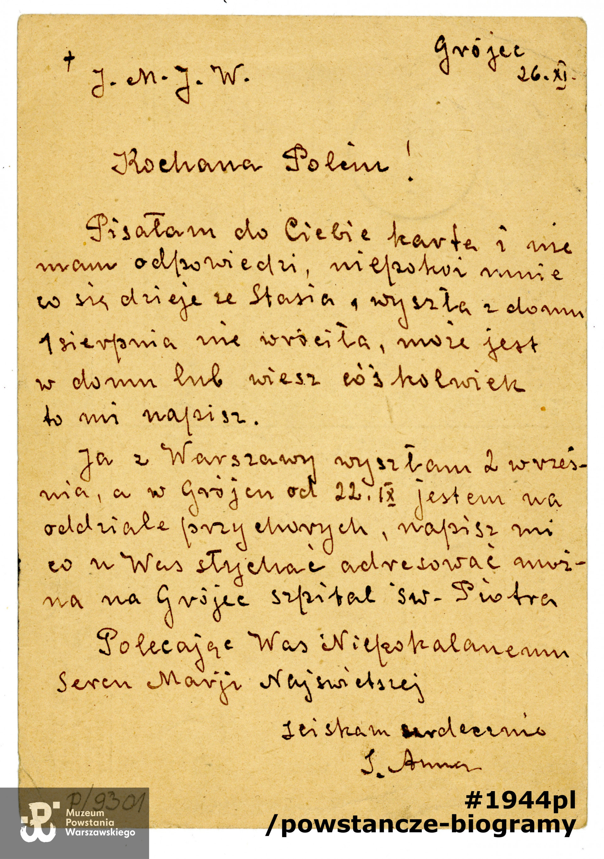 Kartka pocztowa wysłana przez Siostrę  Annę Budkiewicz do Apoloni Tokarzewskiej, matki Stanisławy. List datowany na 26 listopada 1944 roku.  Ze zbiorów rodzinnych p. Barbary Józefy Budkiewicz-Juchnowicz, obecnie przekazana do zbiorów Muzeum Powstania Warszawskiego, sygn. P/9301/19
