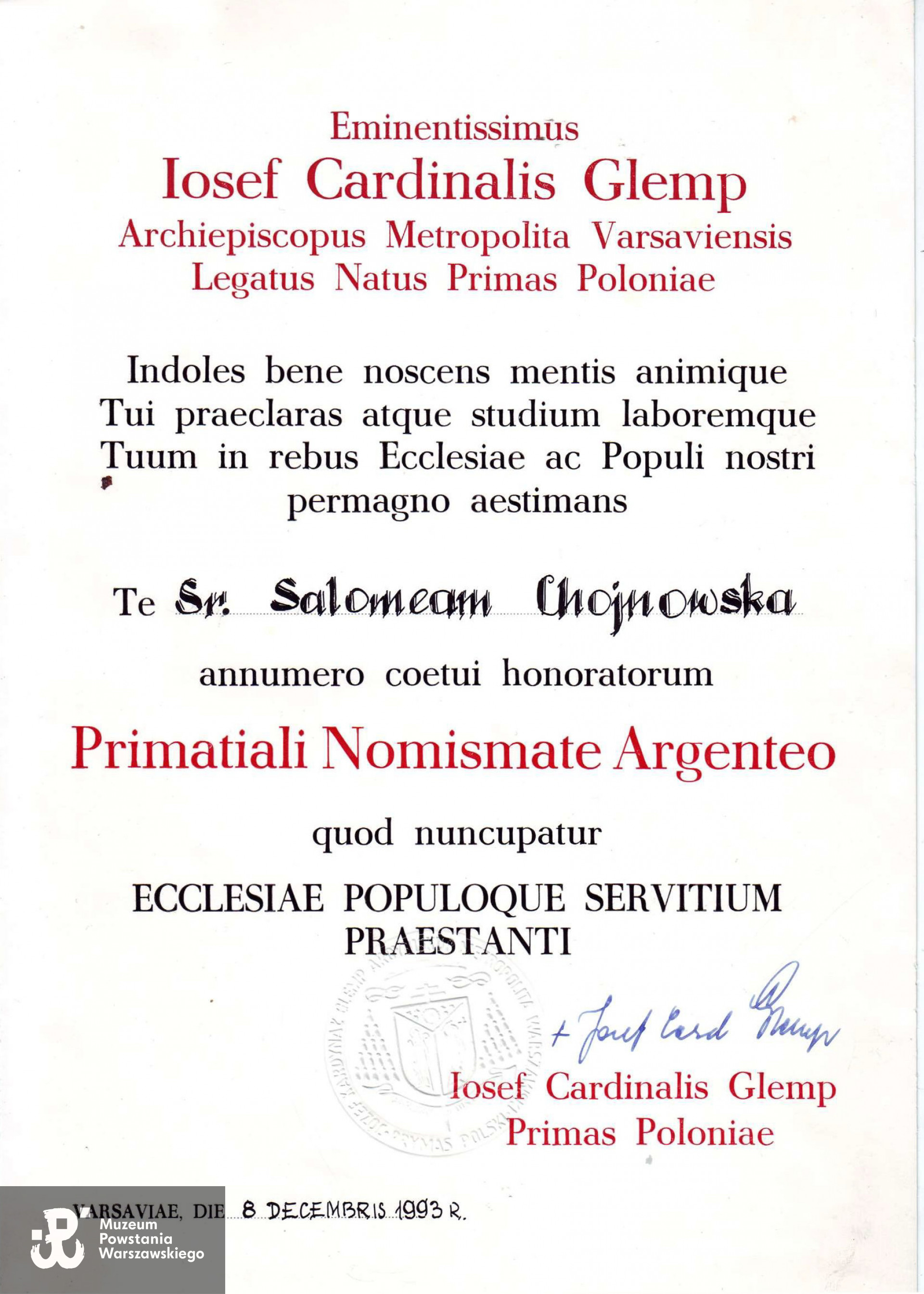 Ze zbiorów archiwum Zgromadzenia Sióstr Miłosierdzia św. Wincentego a Paulo, skan udostępniła S. Jadwiga Kisielewska SM