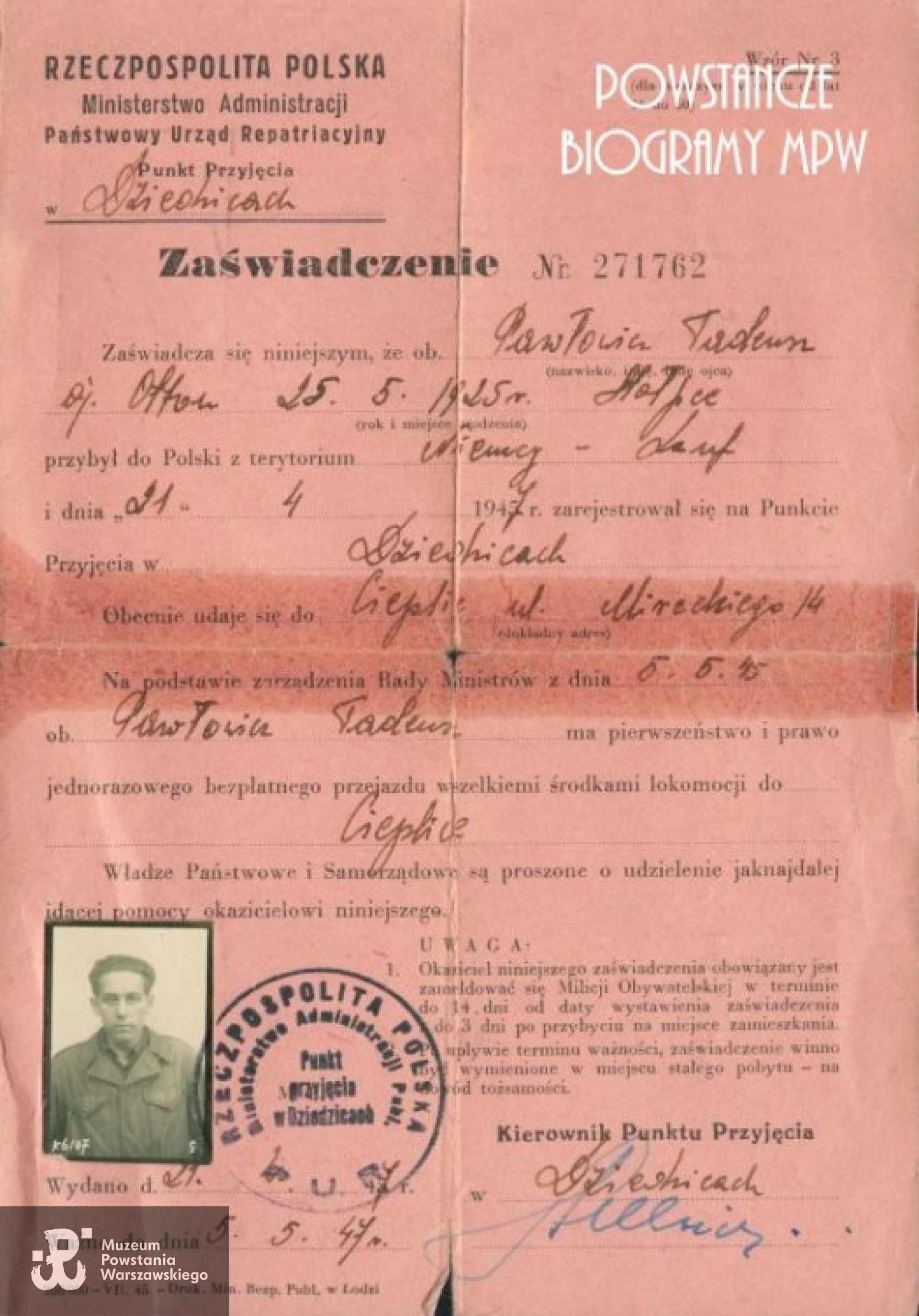 Zaświadczenie repatriacyjne. Fot. archiwum rodzinne