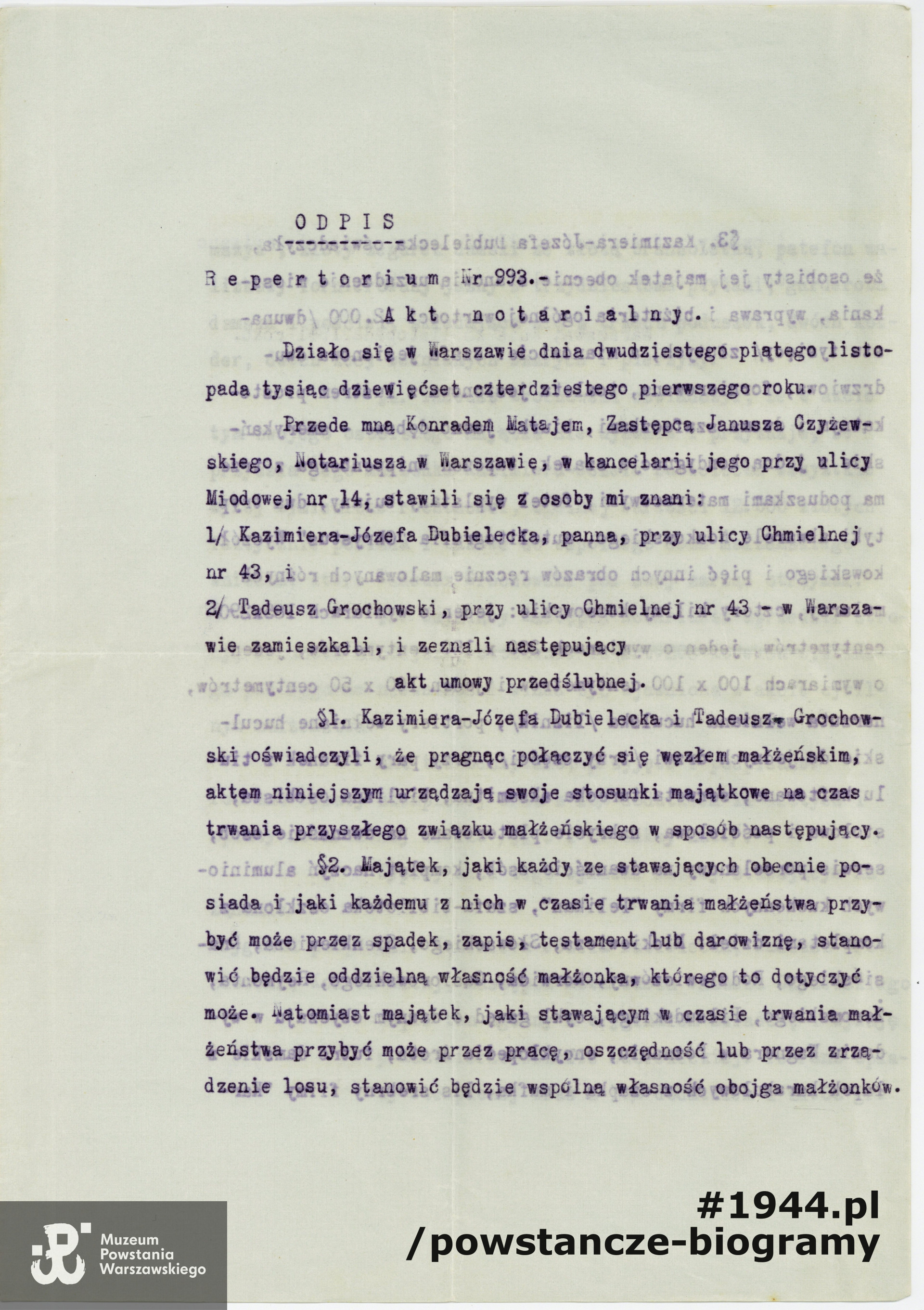 Odpis aktu umowy przedślubnej, sporządzony 25 listopada 1941 r.Dokument ze zbiorów Muzeum Powstania Warszawskiego, sygn.  P/7130/10