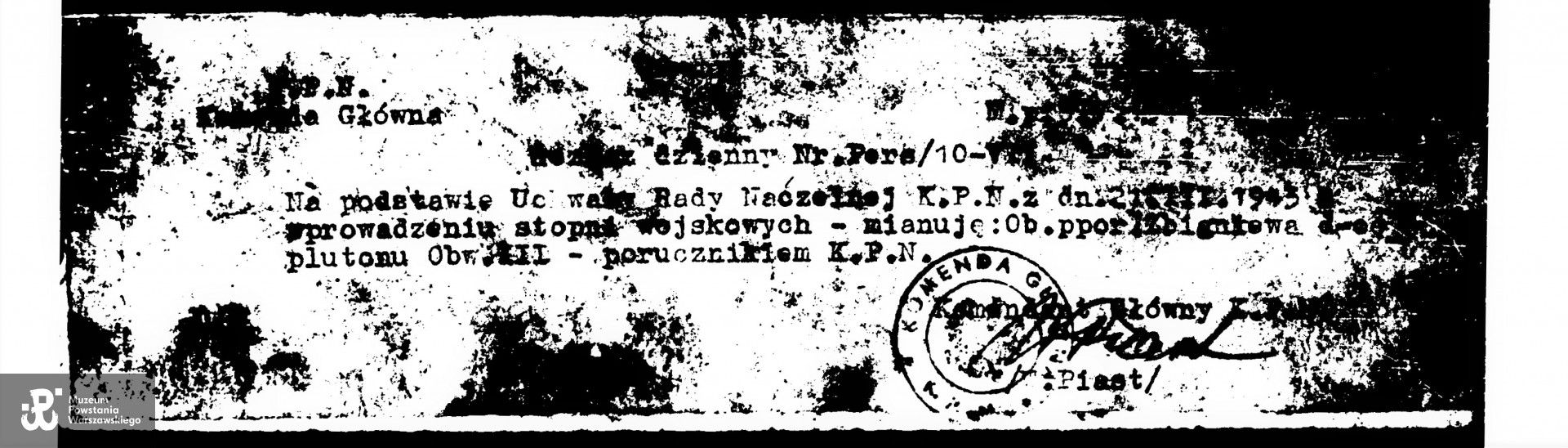 Dokument wystawiony przez Komendę Główną organizacji podziemnej "Kadra Polski Niepodległej" - mianowanie ppor. Romana Gałeckiego na stopień porucznika KPN