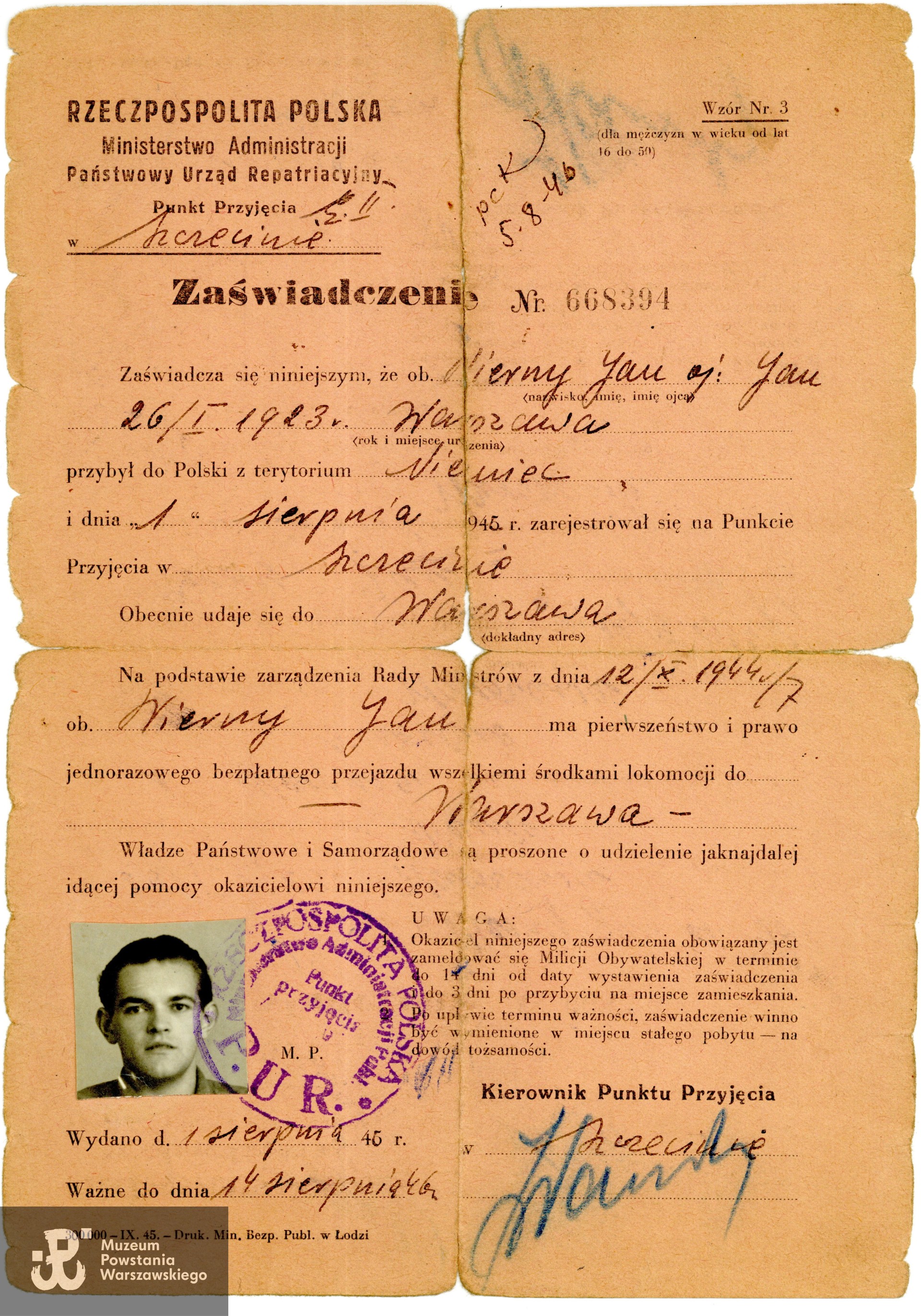 Zaświadczenie Państwowego Urzędu Repatriacyjnego.  Ze zbiorów rodzinnych p. Joanny Lechowicz, córki Powstańca. Skany wykonano w Muzeum Powstania Warszawskiego wiosną 2025 r. 