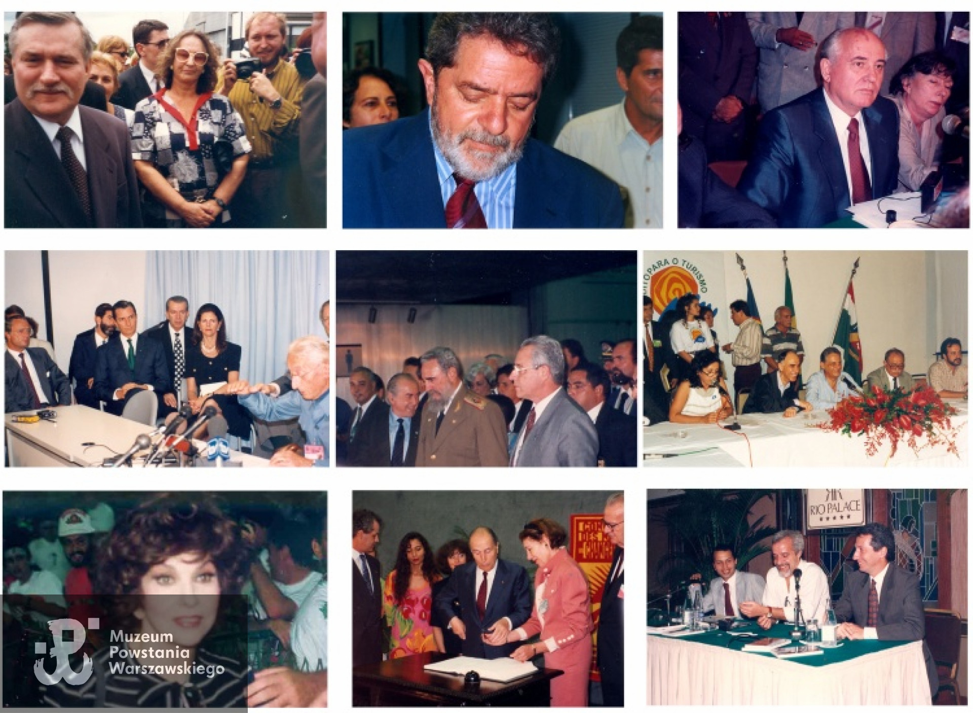 Kilka zdjęć robionych przez Krzysztofa Głuchowskiego jako fotoreportera. Kolejno od lewej do prawej:- a) prezydent Wałęsa / prezydent Lula da Silva / Michał Gorbaczow. b) król Karol XVI Gustaw, prezydent Color, królowa Sylvia, przemawia Jacques Cousteau / Fidel Castro / prezydent Fernando Henrique Cardoso. c) Gina Lolobrigida / prezydent  Mitterand / Paulo Coelho. Z archiwum rodzinnego Krzysztofa Głuchowskiego.