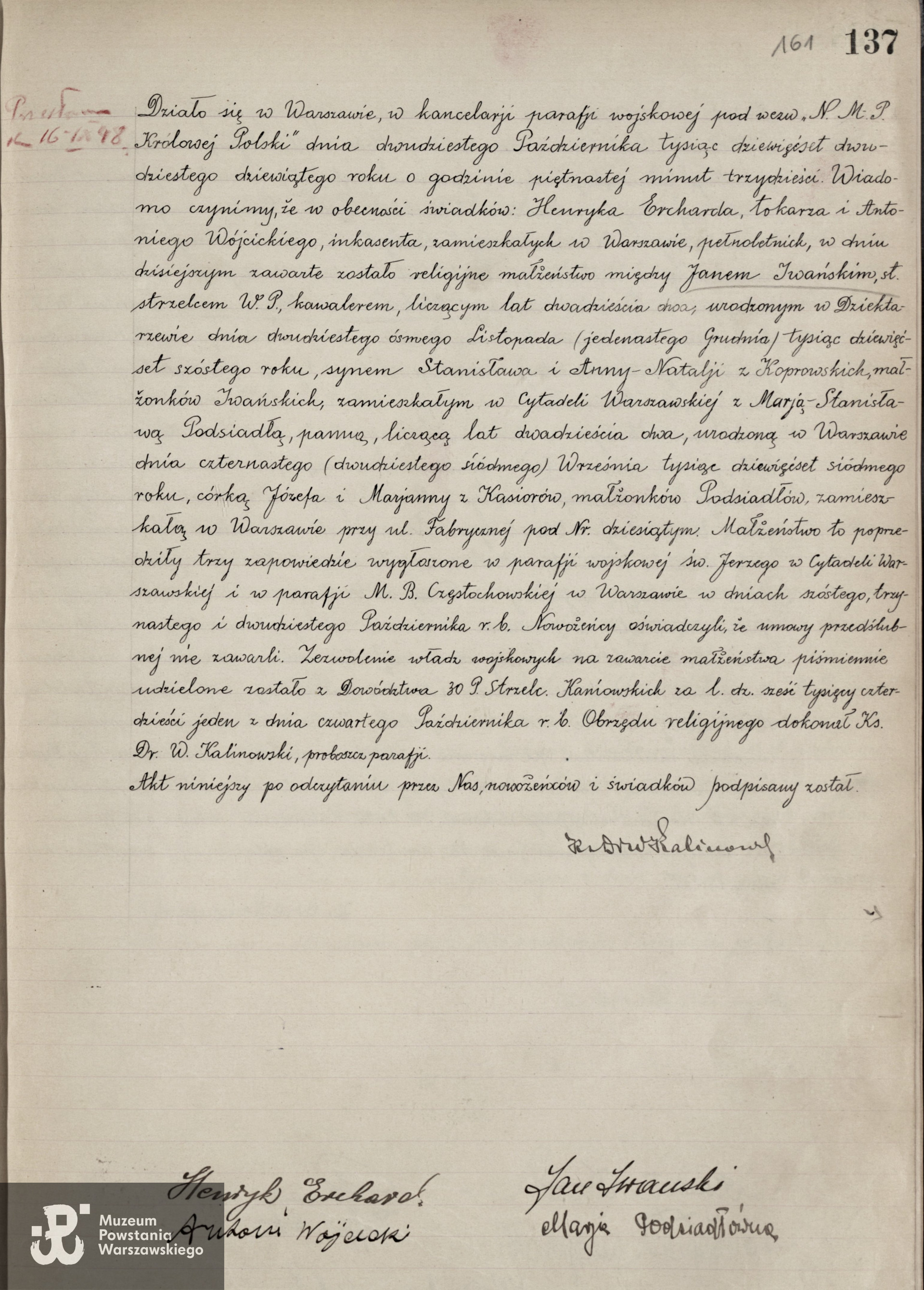 Akt małżeństwa Jana Iwańskiego i Marii Stanisławy Podsiadła z 1929 roku, zespół archiwalny  nr 72/3873 Akta stanu cywilnego parafii rzymskokatolickiej wojskowej NMP Królowej Polski w Warszawie przy ul. Długiej, sygn. 4, akt nr 137.
