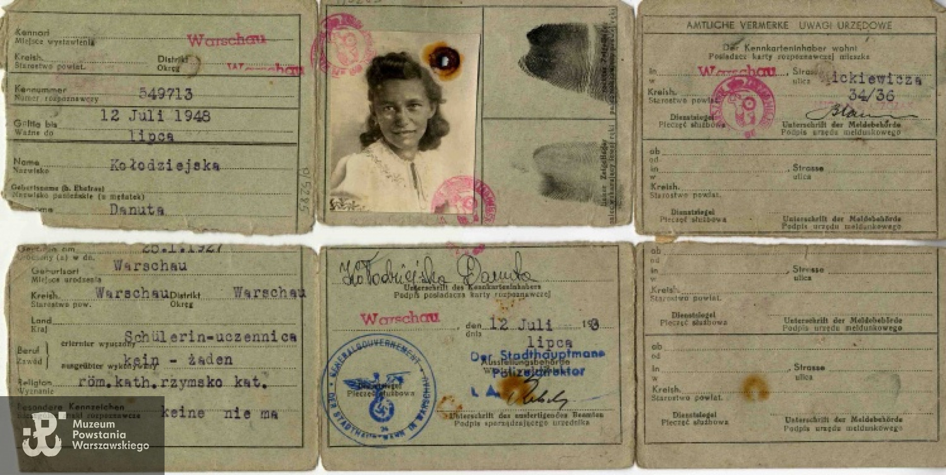 Kennkarta Danuty Kołodziejskiej, źr. Teczki personalne uczestników Powstania Warszawskiego, zasób Pokoju Kombatanta MPW