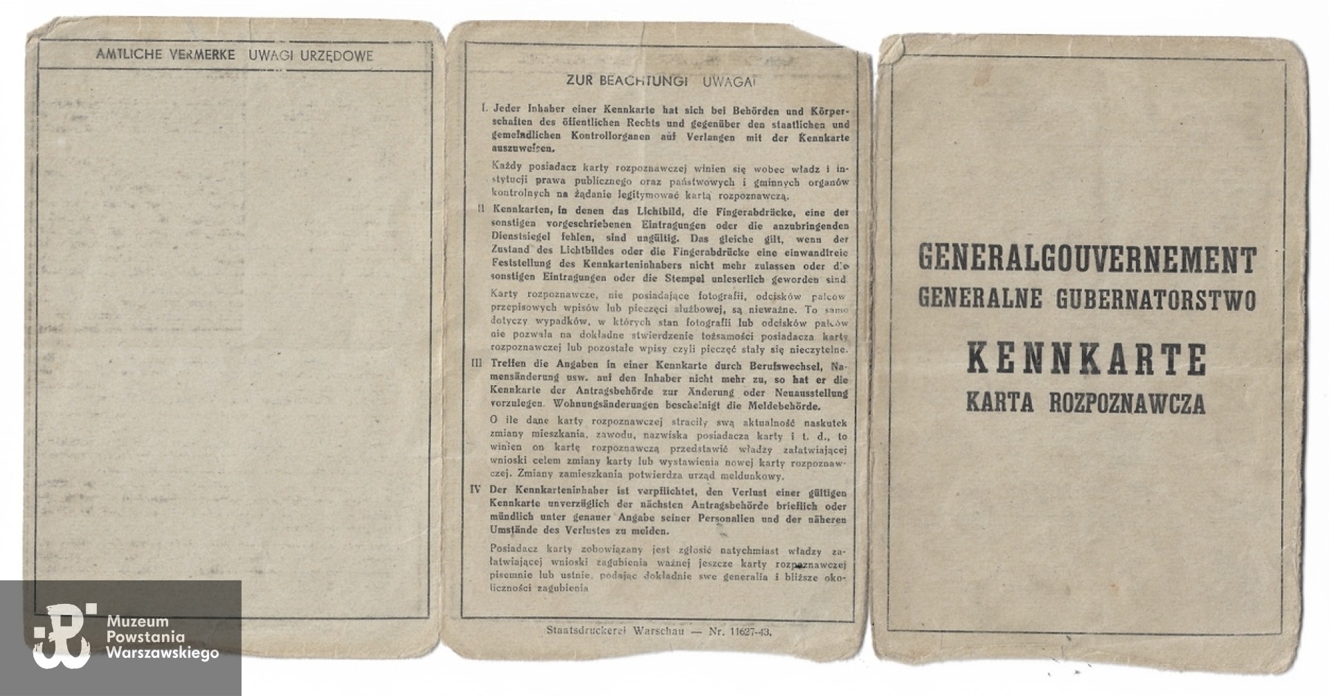 Należąca do Stanisława Szabłowskiego vel Wąsowskiego kenkarta (niem. Kennkarte, karta rozpoznawcza), dokument tożsamości wydawany przez okupacyjne władze niemieckie
