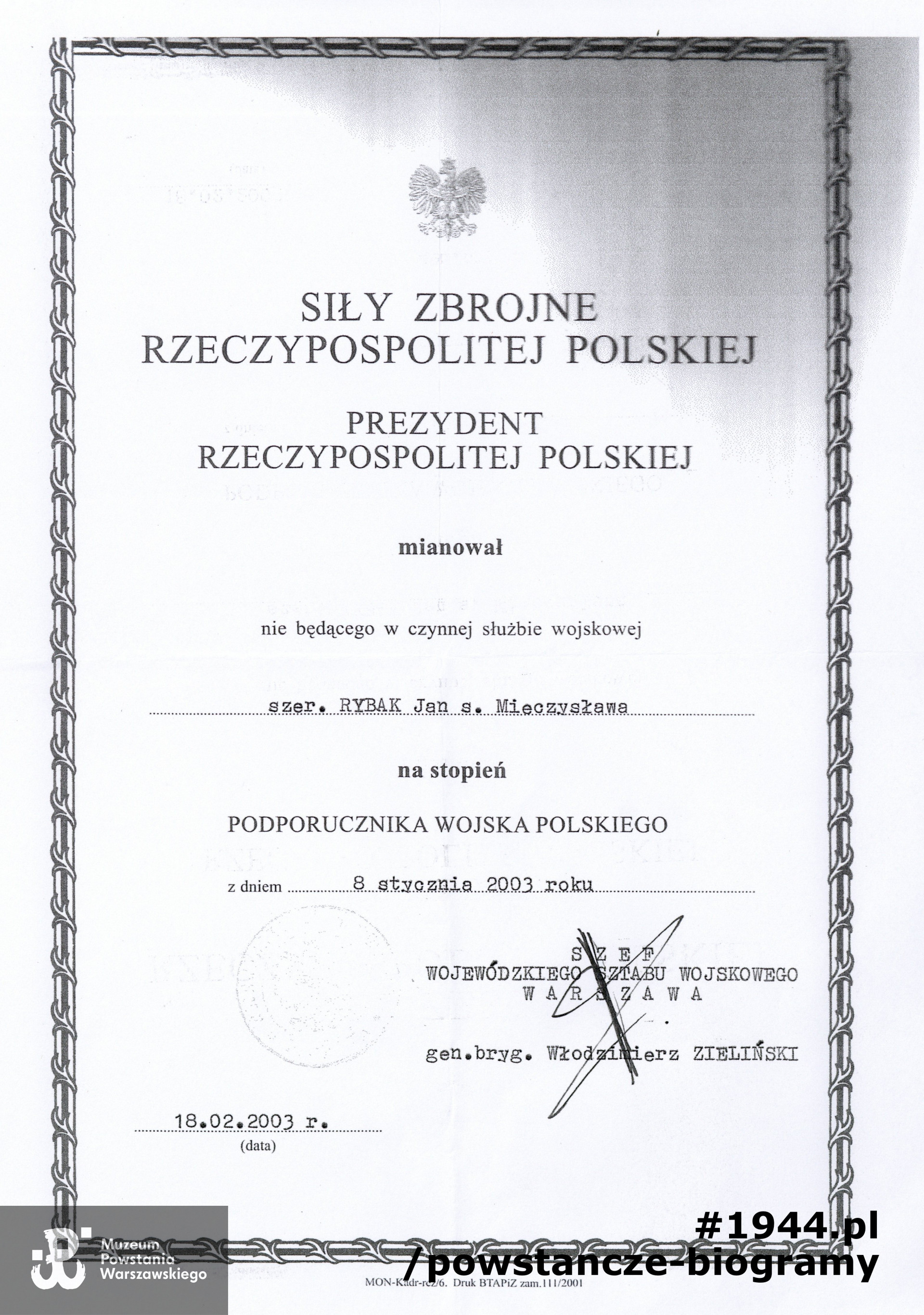 Nominacja szeregowego Jana Rybaka na stopień podporucznika WP - 08.01.2003. Kserokopia dokumentu z archiwum p. Jana Rybaka