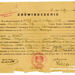 Zaświadczenie wydane  przez Związek Uczestników Walki Zbrojnej o Niepodległość i Demokrację  dla matki poległego, Marii Sobolew, 1947 r. Ze zbiorów Muzeum Powstania Warszawskiego, sygn. MPW-A-2725 (P/1894). 