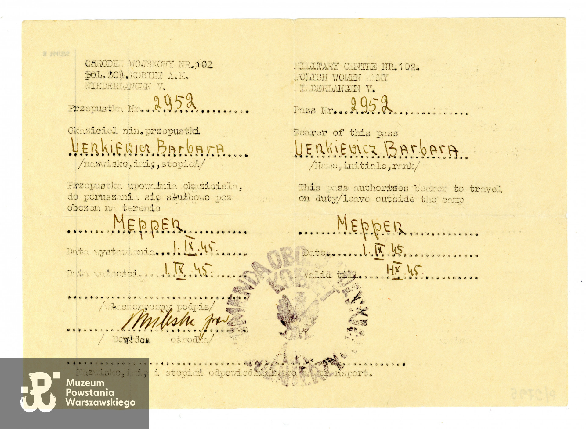 Ze zbiorów Muzeum Powstania Warszawskiego, sygn. P/9795 dar p. Ryszarda Kołodziejskiego