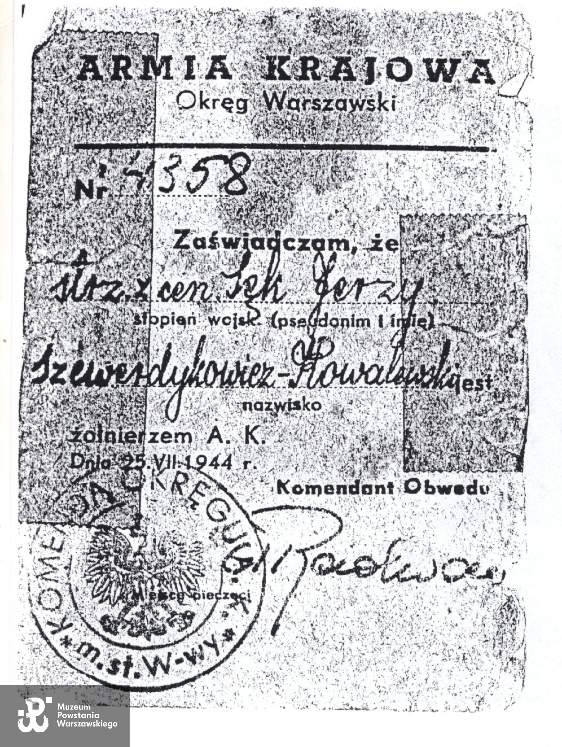 Kopia legitymacji Armii Krajowej wystawionej na nazwisko  strz. z cenz. "Sęk" Szewerdykowicz-Kowalewski Jerzy. Muzeum Powstania Warszawskiego, Teczki personalne uczestników Powstania Warszawskiego, skan z kserokopii