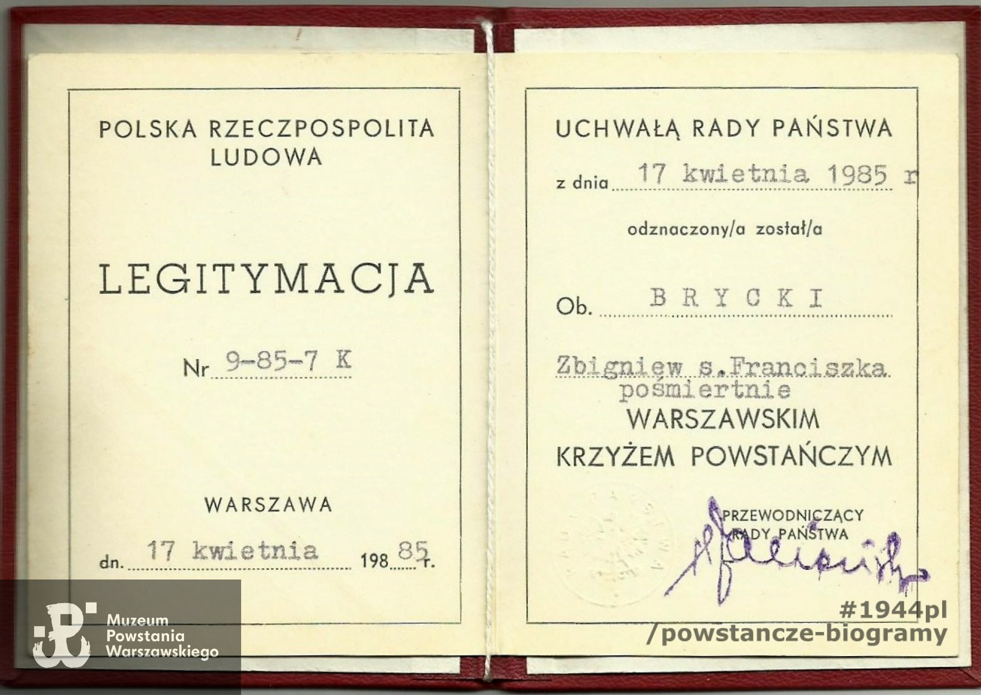 Warszawski Krzyż Powstańczy - legitymacja odznaczeniowa. Fot. udostępniła p. Marta Muzioł