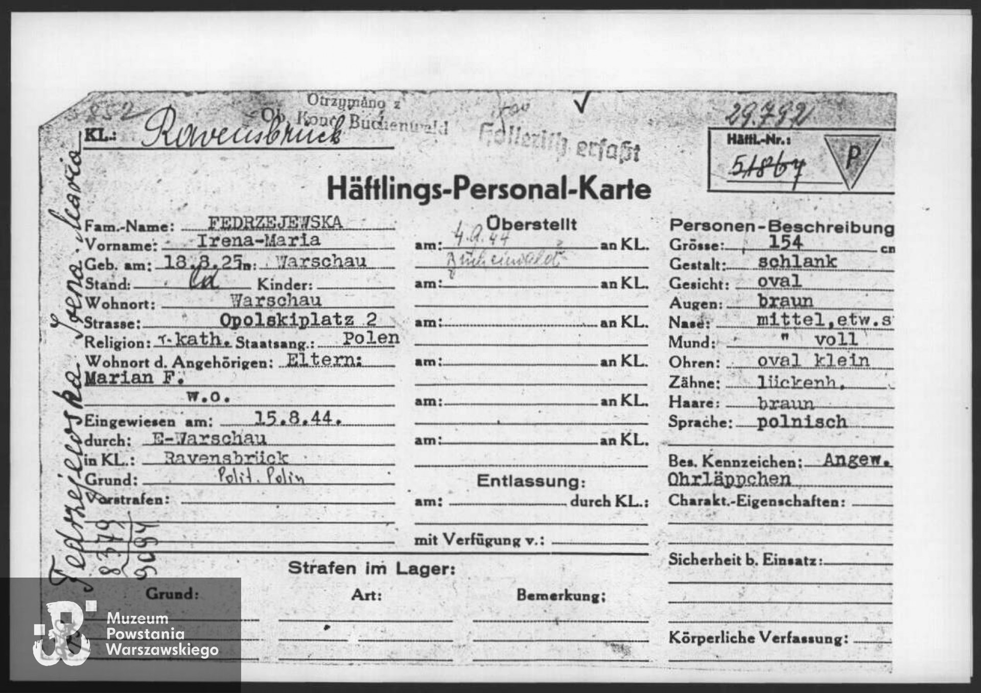 Muzeum Powstania Warszawskiego, Teczki personalne uczestników Powstania Warszawskiego: Jędrzejewska Irena Maria, zasób Pokoju Kombatanta MPW