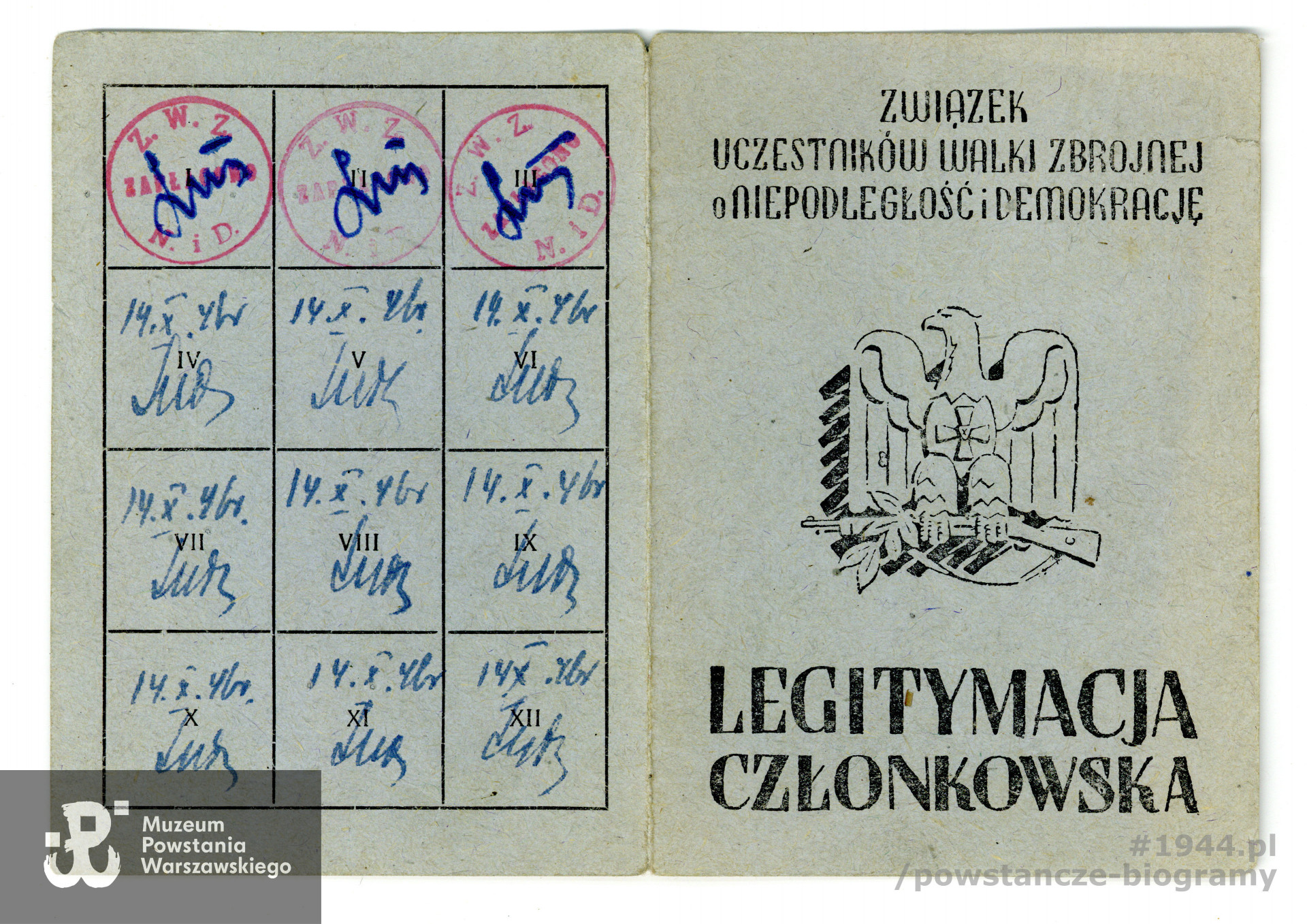 Legitymacja członkowska Związku Uczestników Walki Zbrojnej o Niepodległość i Demokrację (później ZBoWiD). Z archiwum rodzinnego p. Waldemara Zielińskiego
