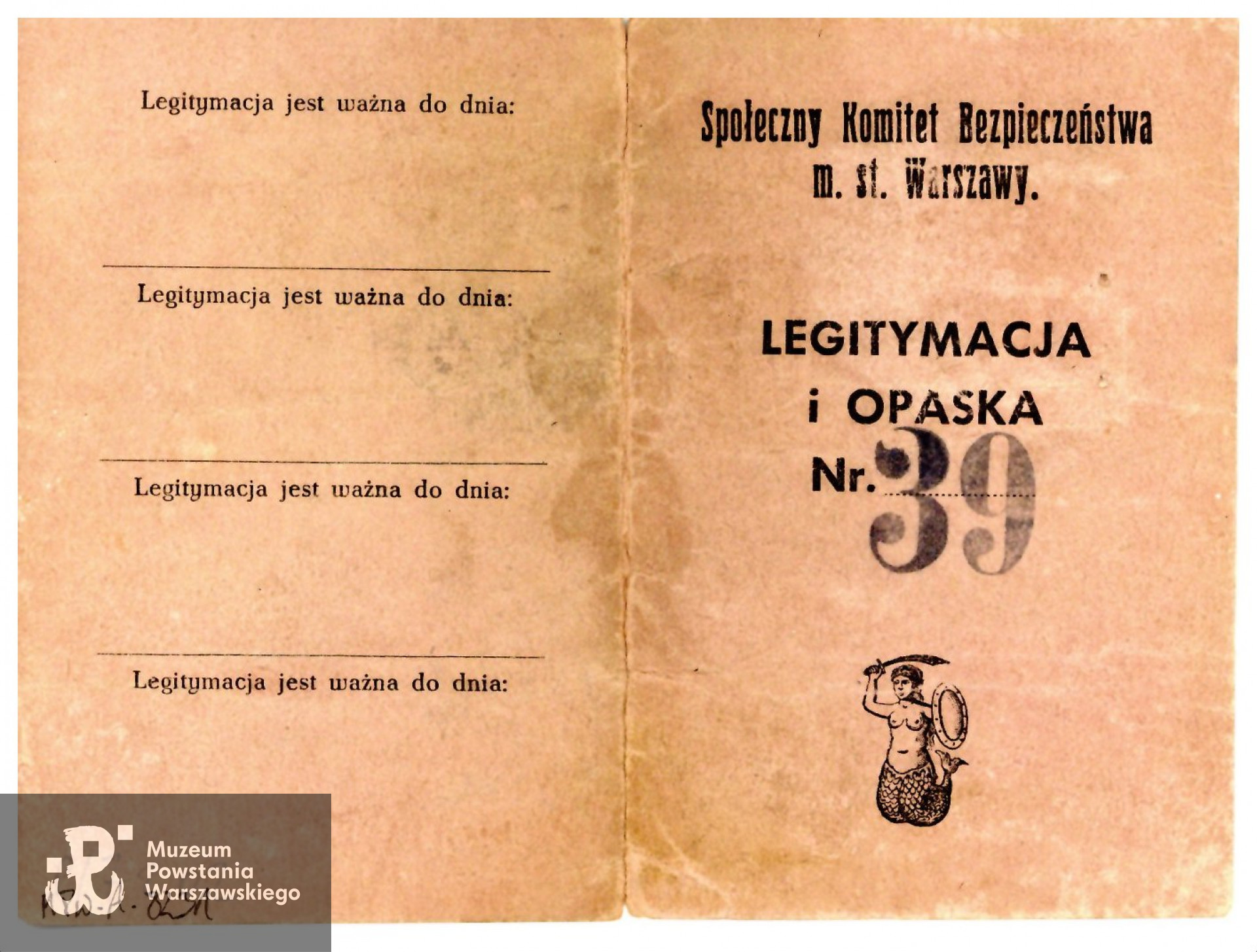 Legitymacja Społecznego Komitetu Bezpieczeństwa m. st. Warszawy, wydana dla Henryka Zembrzyckiego. Ze zbiorów Muzeum Powstania Warszawskiego, sygn. MPW-A-8231