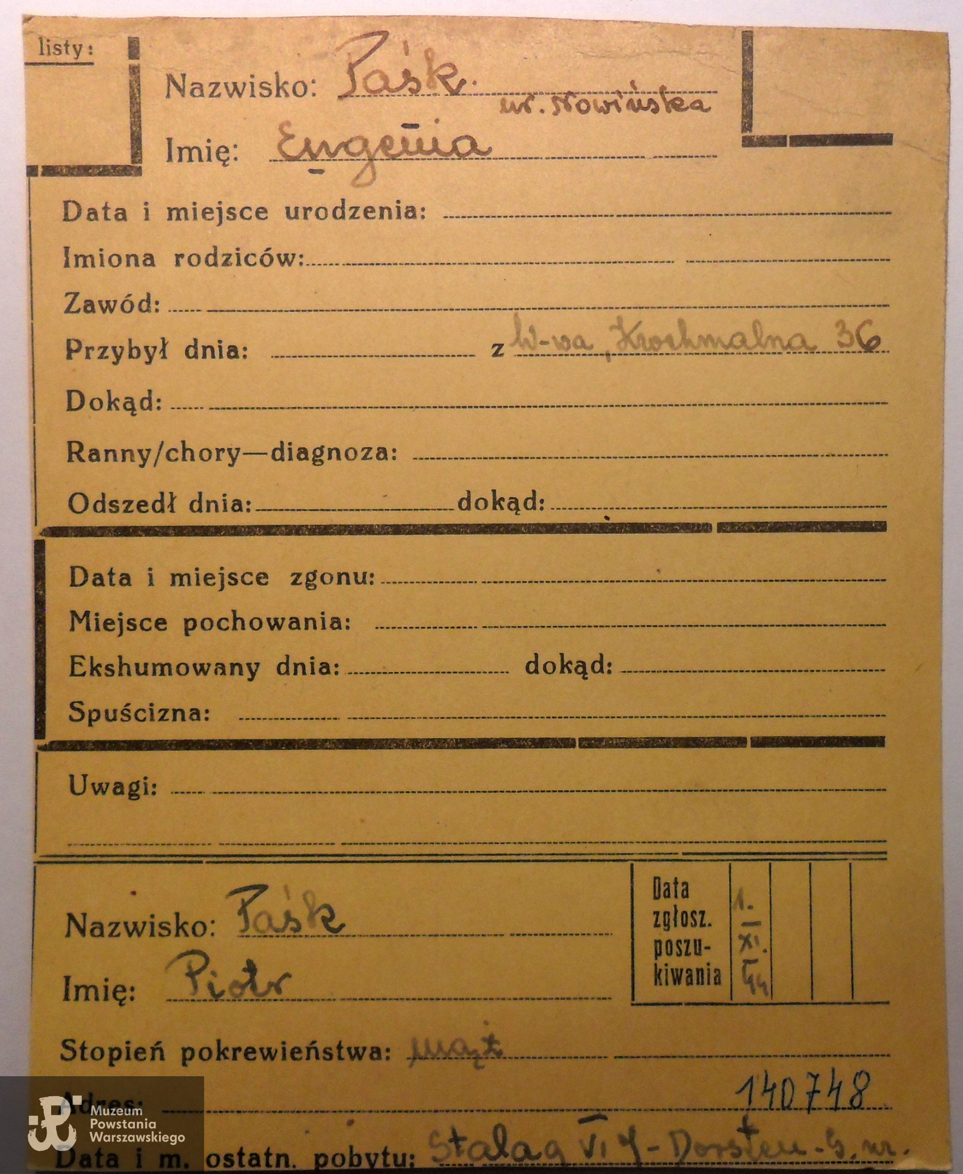 PCK - kartoteka ogólna poszukiwań. Poszukiwanie Eugenii i Teresy Paśk przez znajdującego się w niewoli Piotra Paśka ps. Feniks.