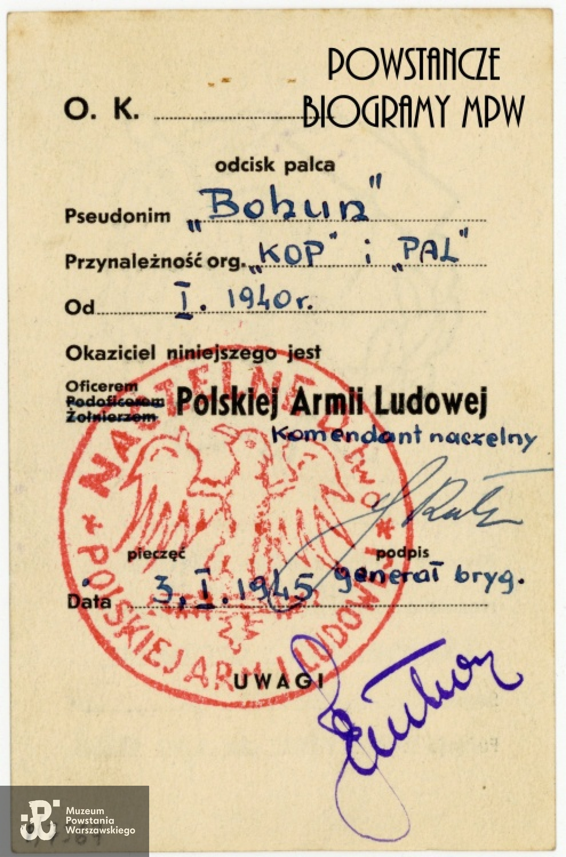 Legitymacja  KOP - PAL por. "Bohuna" (Kronowski - Einhorn Witold Jerzy). Ze zbiorów Muzeum Powstania Warszawskiego, sygn. P/7657