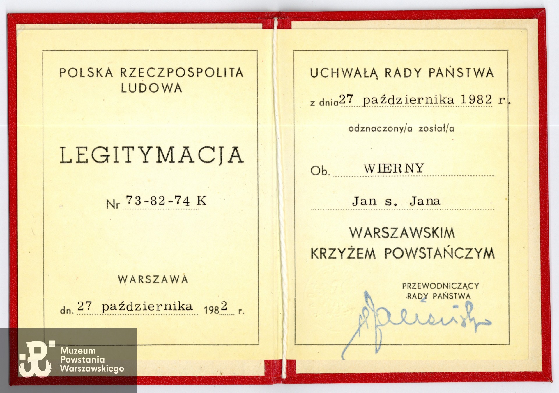 Legitymacja odznaczeniowa - Warszawski Krzyż Powstańczy. Ze zbiorów rodzinnych p. Joanny Lechowicz, córki Powstańca. Skany wykonano w Muzeum Powstania Warszawskiego wiosną 2025 r. 