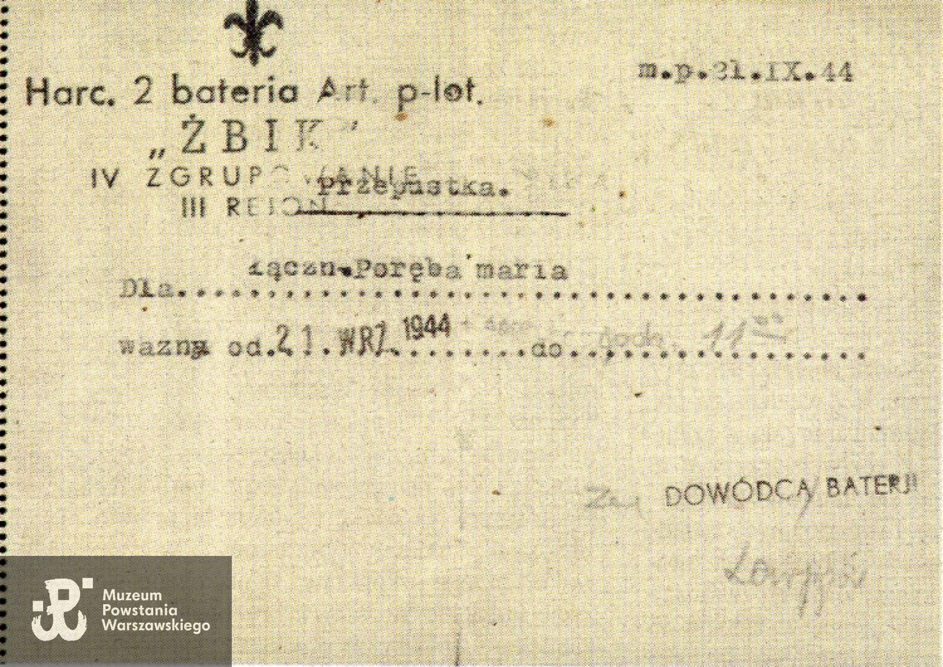 Przepustka powstańcza. Archiwum 2. HBAP "Żbik"