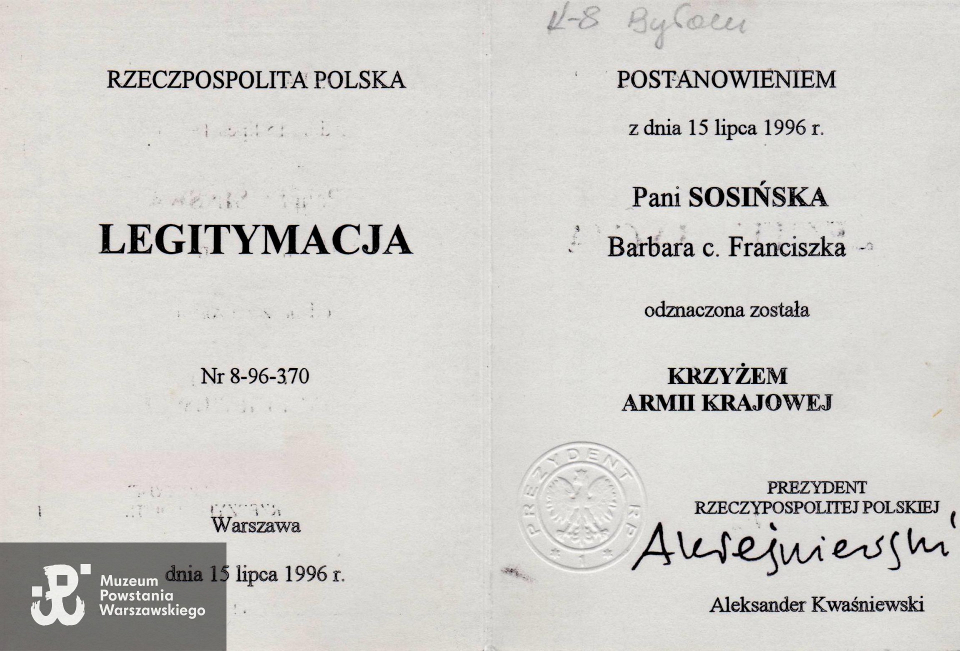 Dokument z archiwum rodzinnego Barbary i Janusza Sosińskich