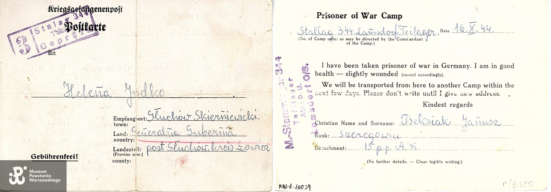 Karta pocztowa na blankiecie obozowym, imformująca o uwięzieniu w obozie jenieckim, napisana przez Janusz Beksiak, jeńca Stalagu 344 Lamsdorf. Zbiory Muzeum Powstania Warszawskiego; sygn. MPW-A-10039.