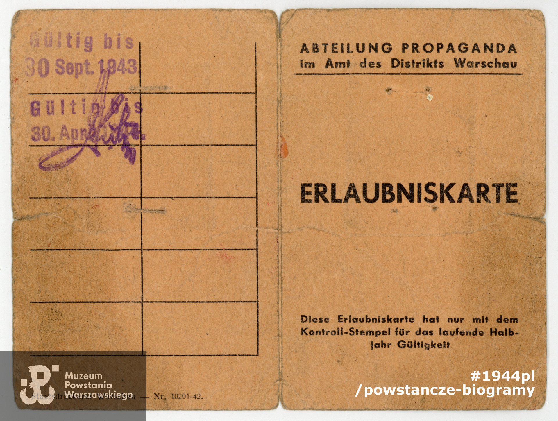 Należąca do Marii Gabryłowicz Erlaubniskarte. Dokument wystawiony przez okupacyjne władze niemieckie. Dokument ze zbiorów rodzinnych  p. Magdaleny Gabryłowicz