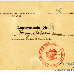  Legitymacja nr 64 wystawiona w dn. 2.08.1944 r. przez Sztab Vl Komendy Sił Zbrojnych w Kraju  na nazwisko ppor. Marian Krzyształowicz 