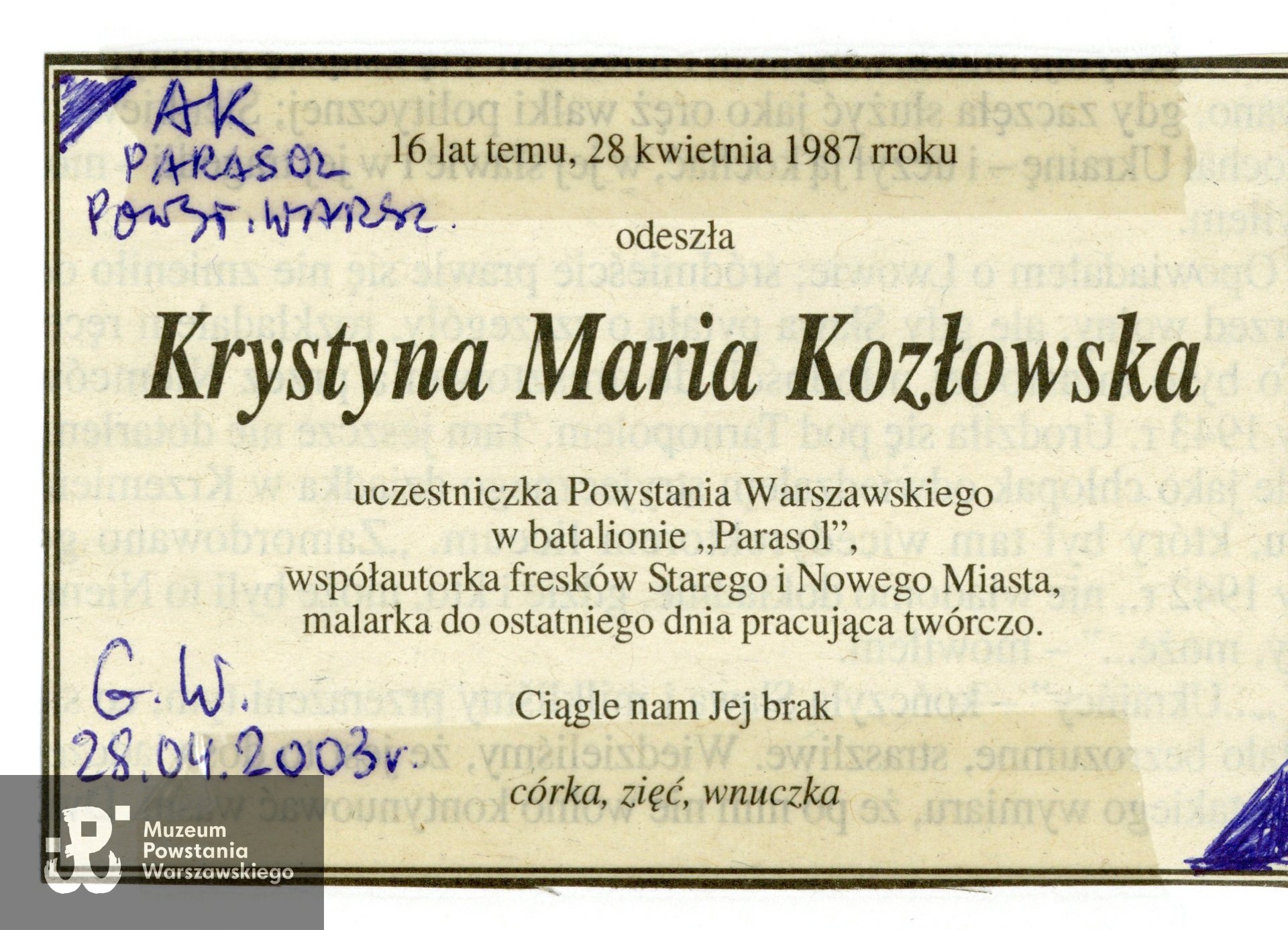 Muzeum Powstania Warszawskiego,  Teczki personalne uczestników Powstania Warszawskiego: Kozłowska Krystyna ps. Krystyna